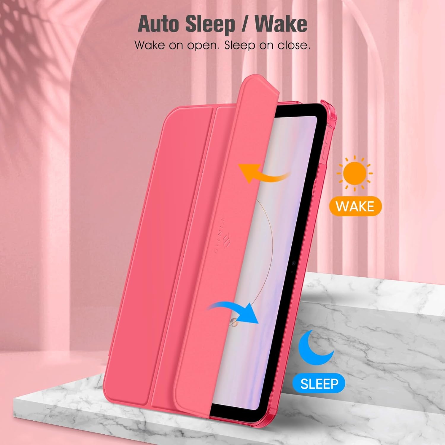 Eine rosa iPad-Hülle zeigt die automatische Schlaf-/Wachfunktion vor einem Marmorhintergrund.