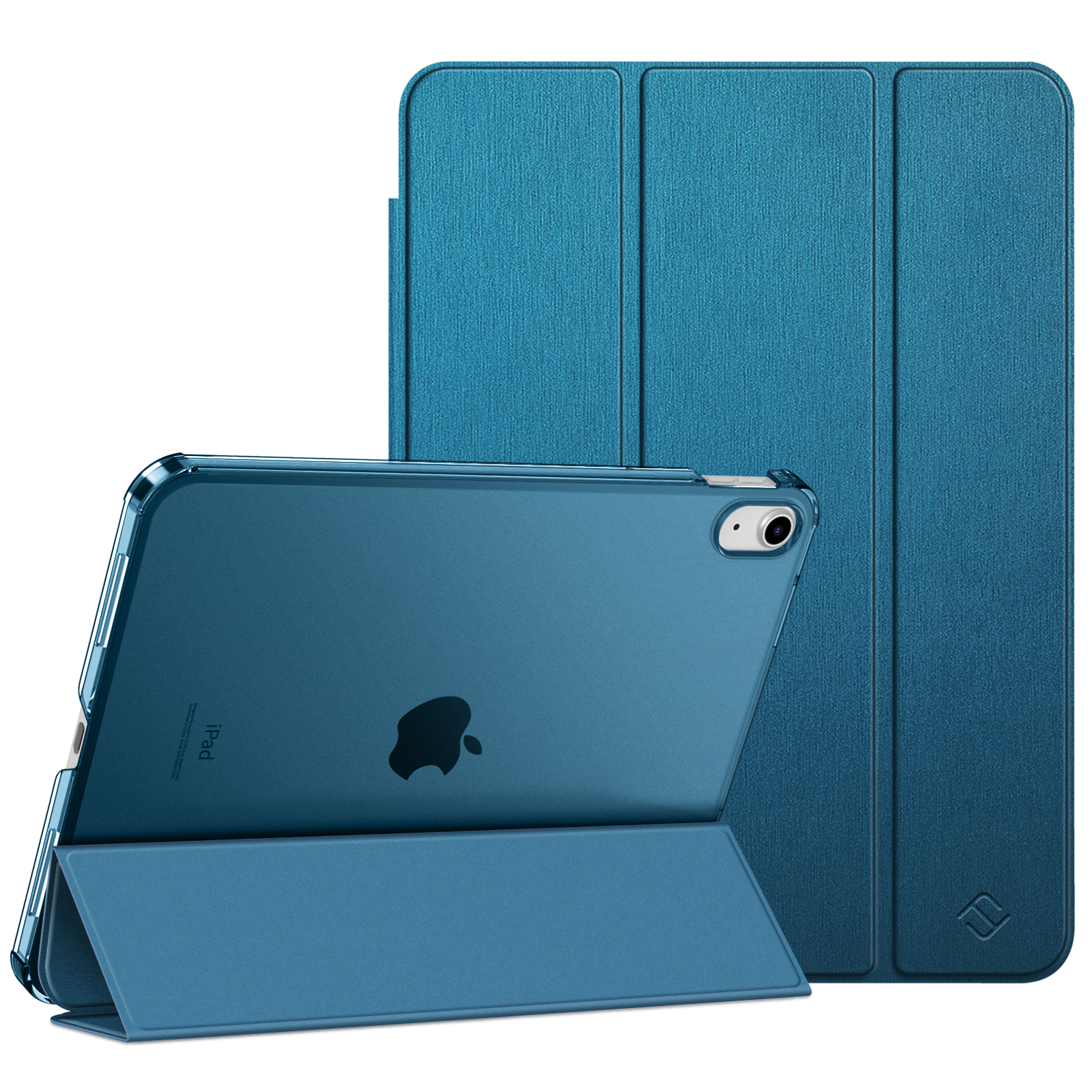 Ein blaues iPad steht mit seiner Hülle und zeigt das Apple-Logo auf der Rückseite.
