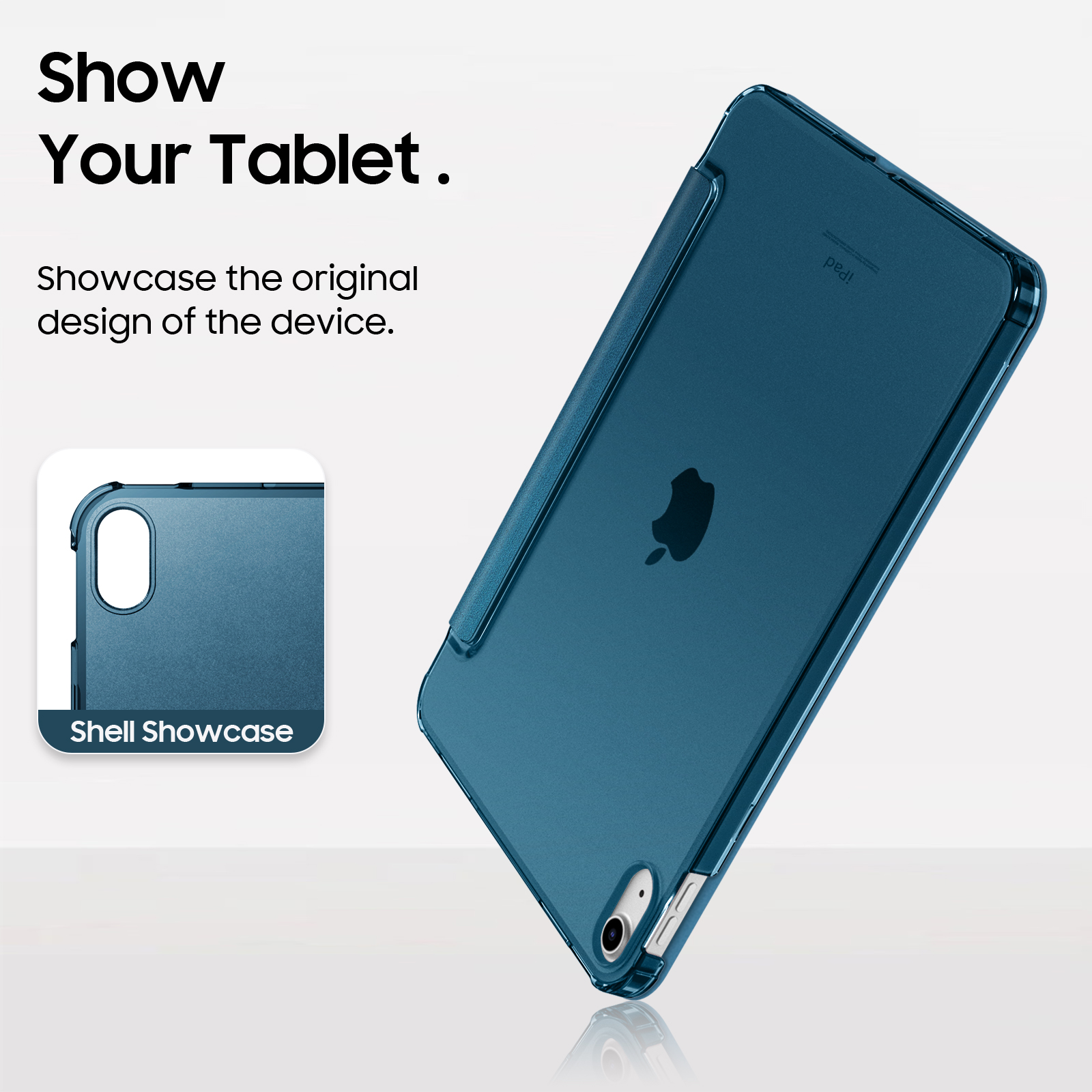 Ein blaues iPad mit einer Hülle ist so angewinkelt, dass das Apple-Logo auf der Rückseite zu sehen ist.