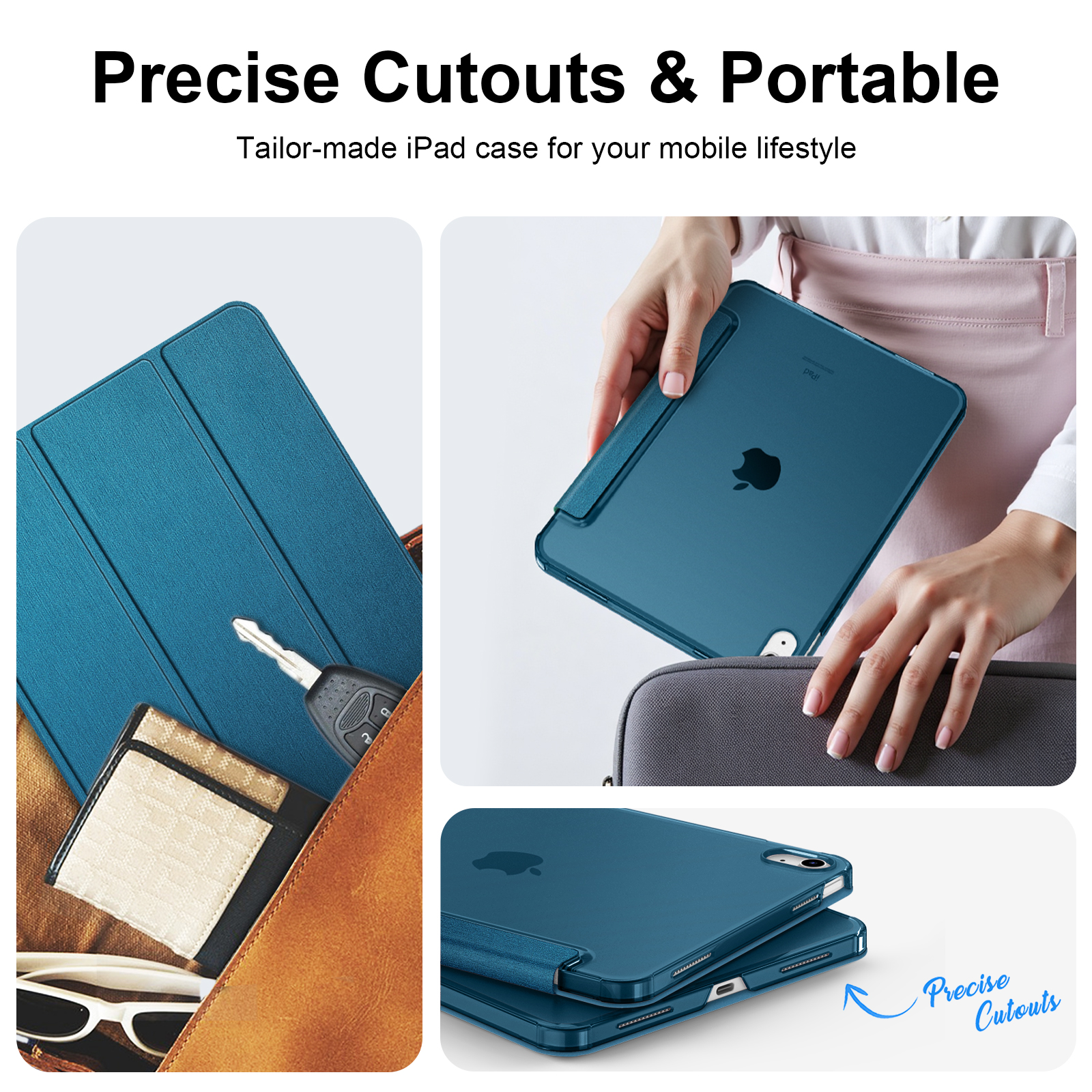 Eine blaue iPad-Hülle wird mit einer Geldbörse, Schlüsseln und einer Sonnenbrille in einer Tasche gezeigt.