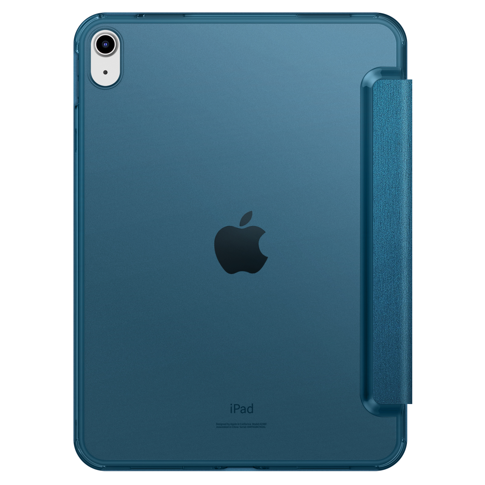 Ein blaues iPad mit Hülle zeigt das Apple-Logo und hat einen Kameraausschnitt.