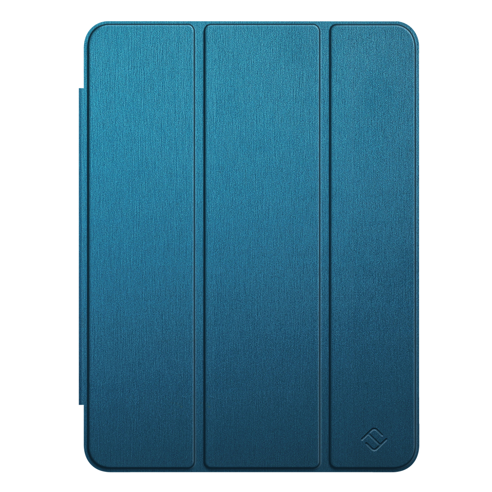 Eine gefaltete blaue Tablethülle, die die Innen- und Außenseite zeigt.