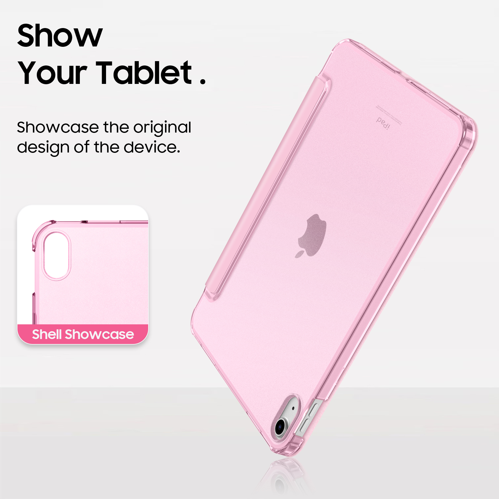 Rosa Tablet in klarer Hülle. Text Overlay: Zeigen Sie Ihr Tablet. Präsentieren Sie das Originaldesign.