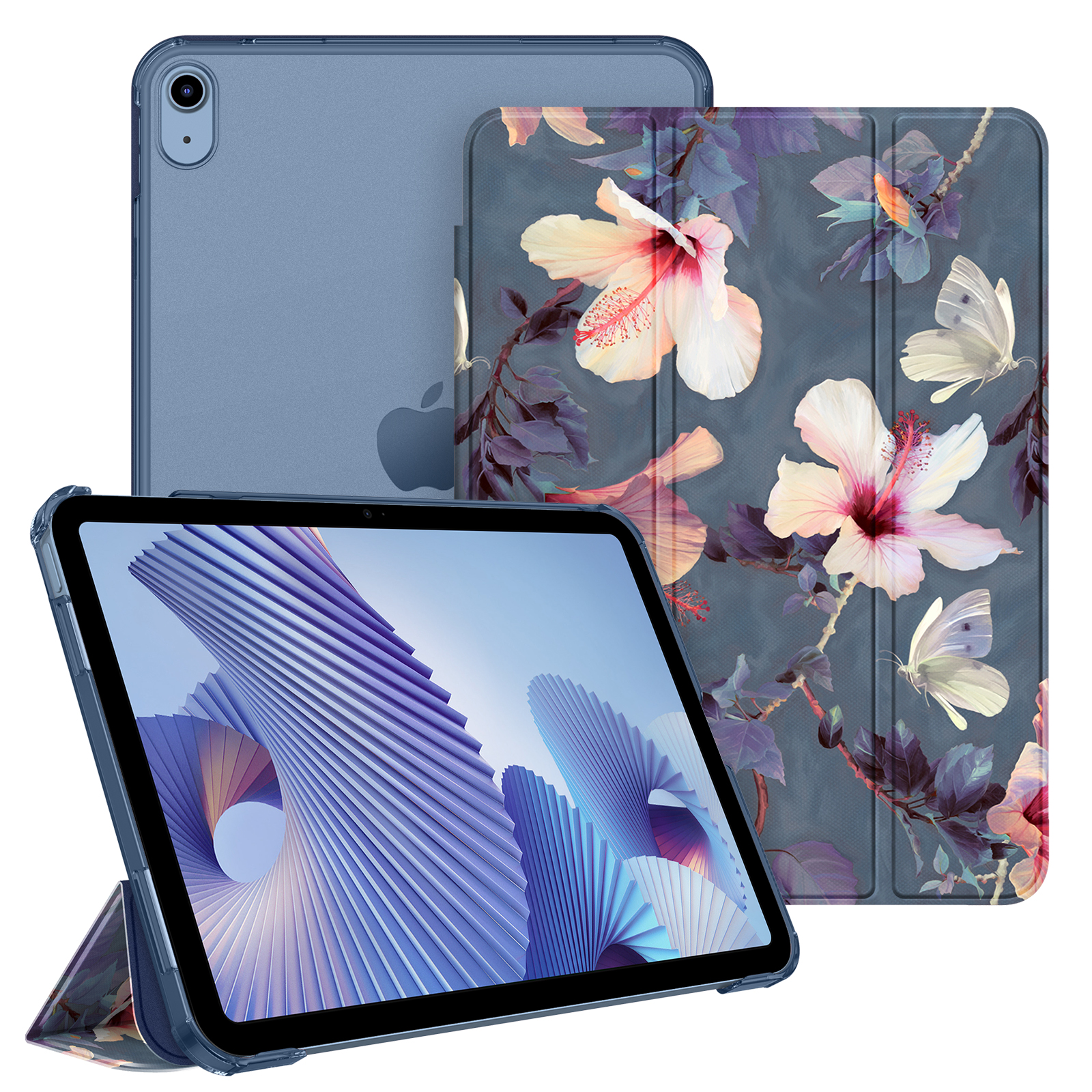 Blaues Tablet mit Hülle, Blumendesign auf der Rückseite und ein Tablet in Gebrauch.