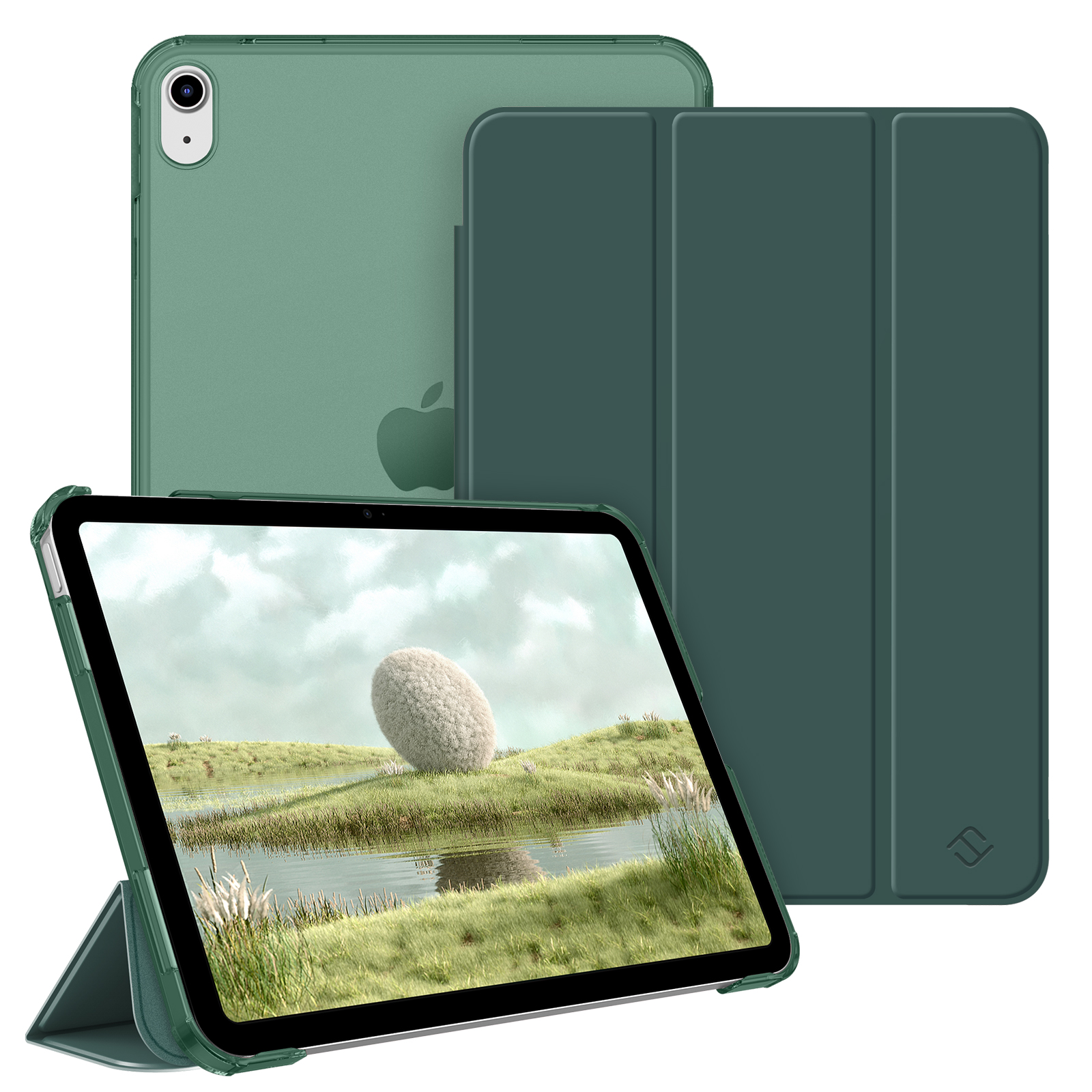 Grünes Tablet und Hülle, mit einer Naturszene auf dem Bildschirm, die Hülle zeigend.