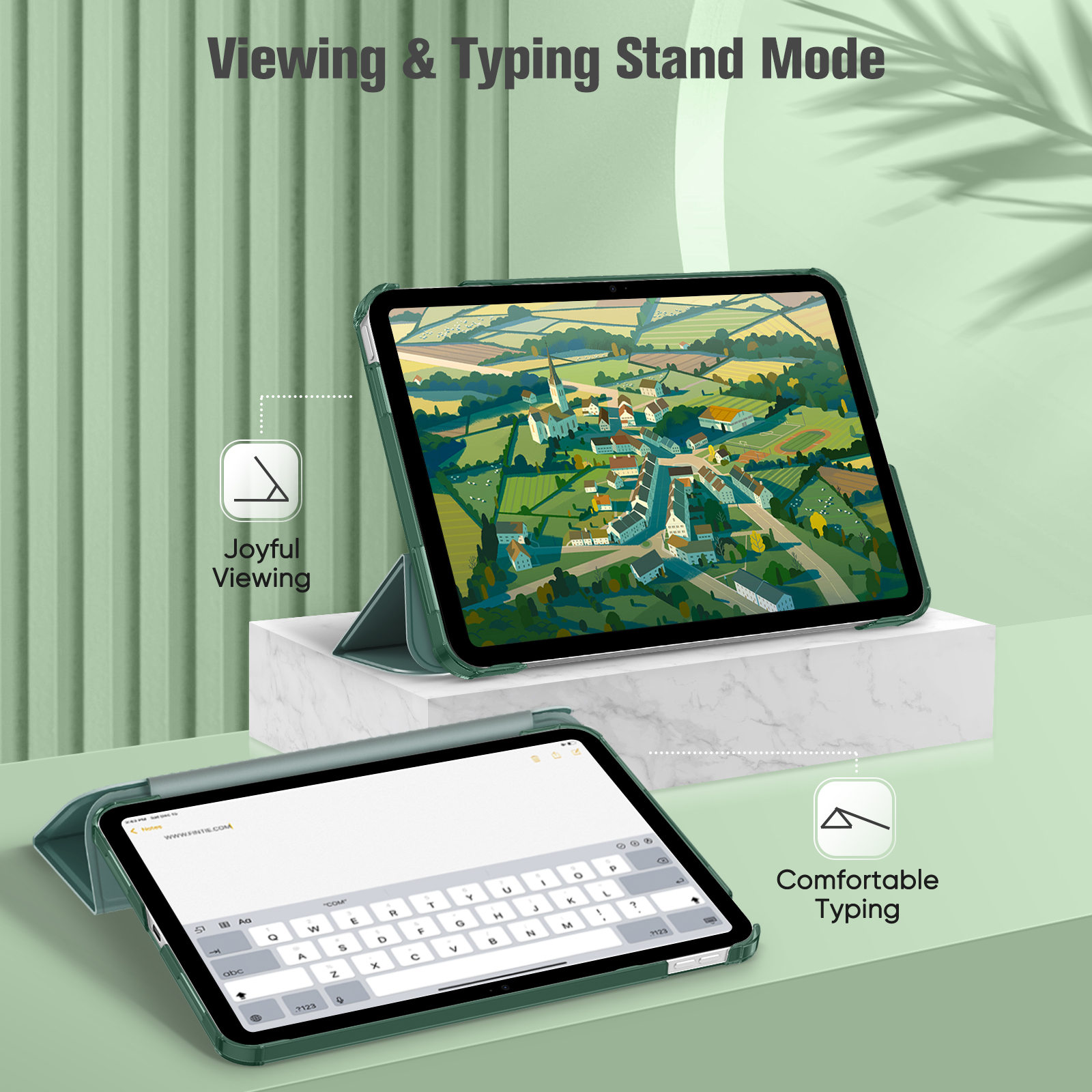 Zwei Tablets werden im Standmodus gezeigt, eines zum Betrachten und eines zum Tippen.