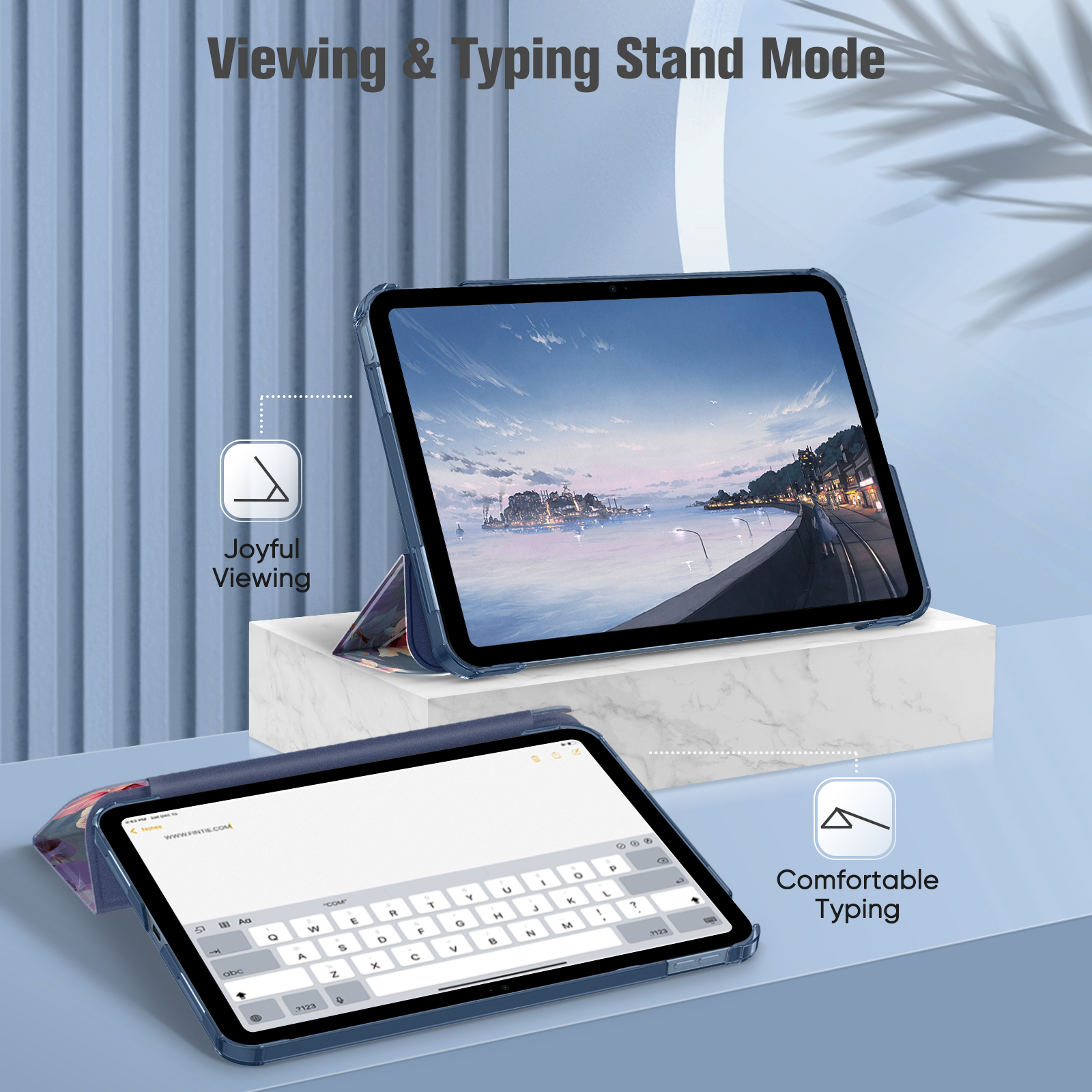 Zwei Tablets werden im Standmodus gezeigt, eines zum Betrachten und eines zum Tippen.