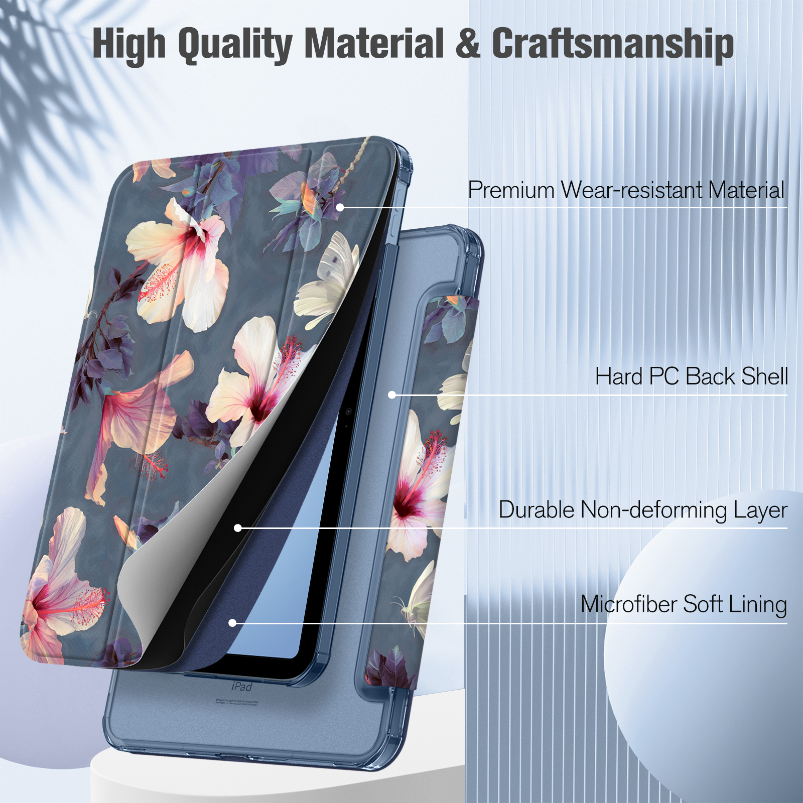 Eine florale Tablet-Hülle wird geöffnet gezeigt, die ihre hochwertigen Materialien und Verarbeitung offenbart.