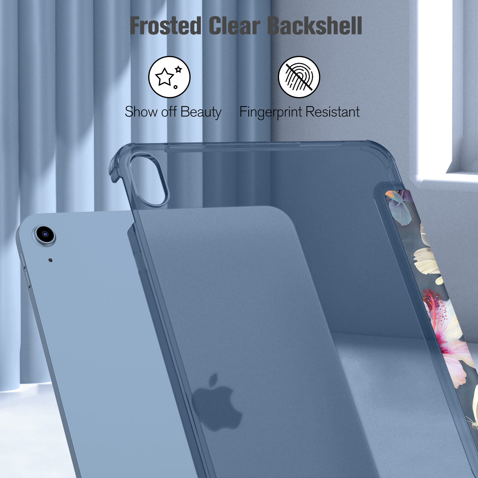 Eine mattblaue Tablet-Hülle wird gezeigt, die ihr klares Rückschalendesign hervorhebt.