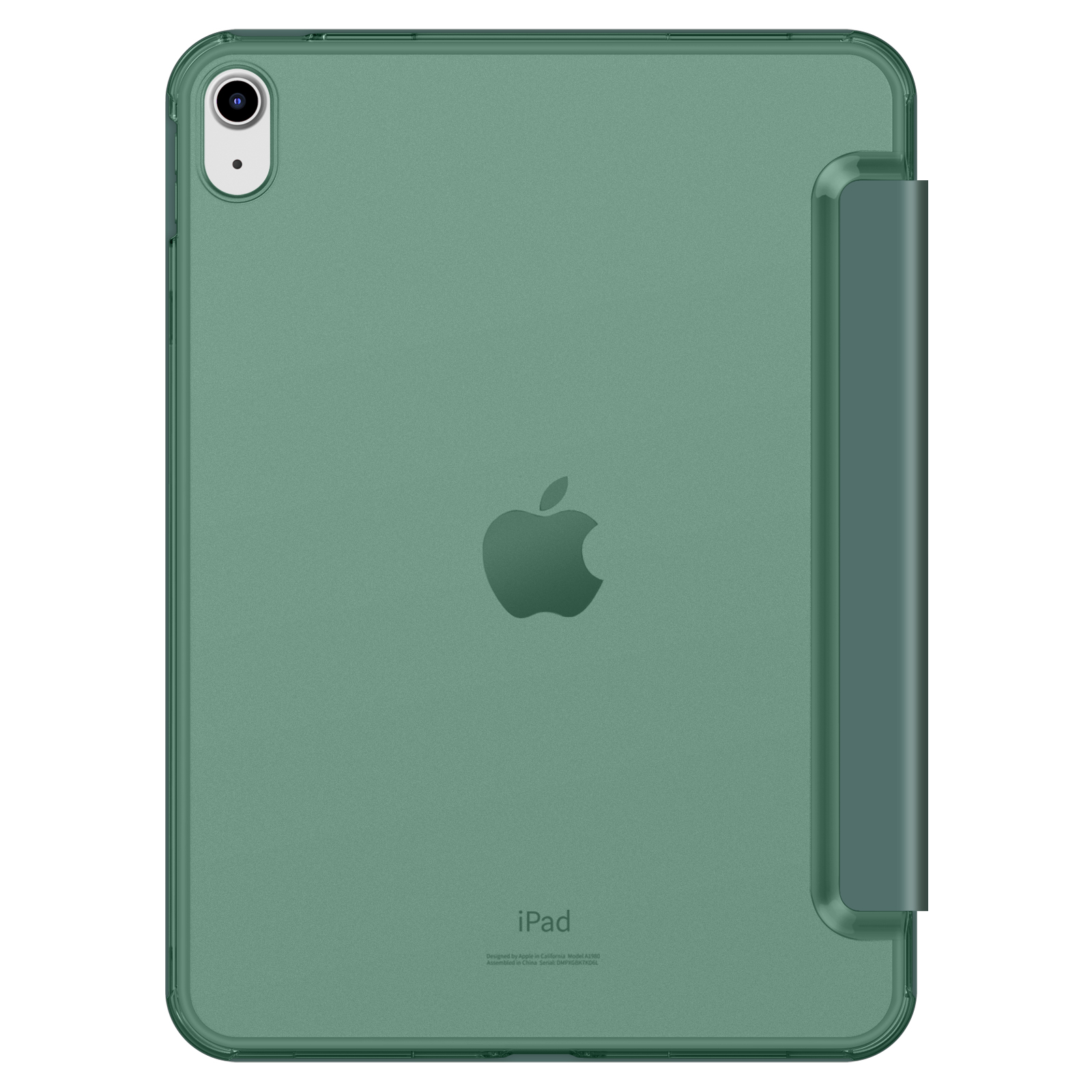 Die Rückseite eines grünen iPads wird gezeigt, das in einer transparenten Schutzhülle untergebracht ist.