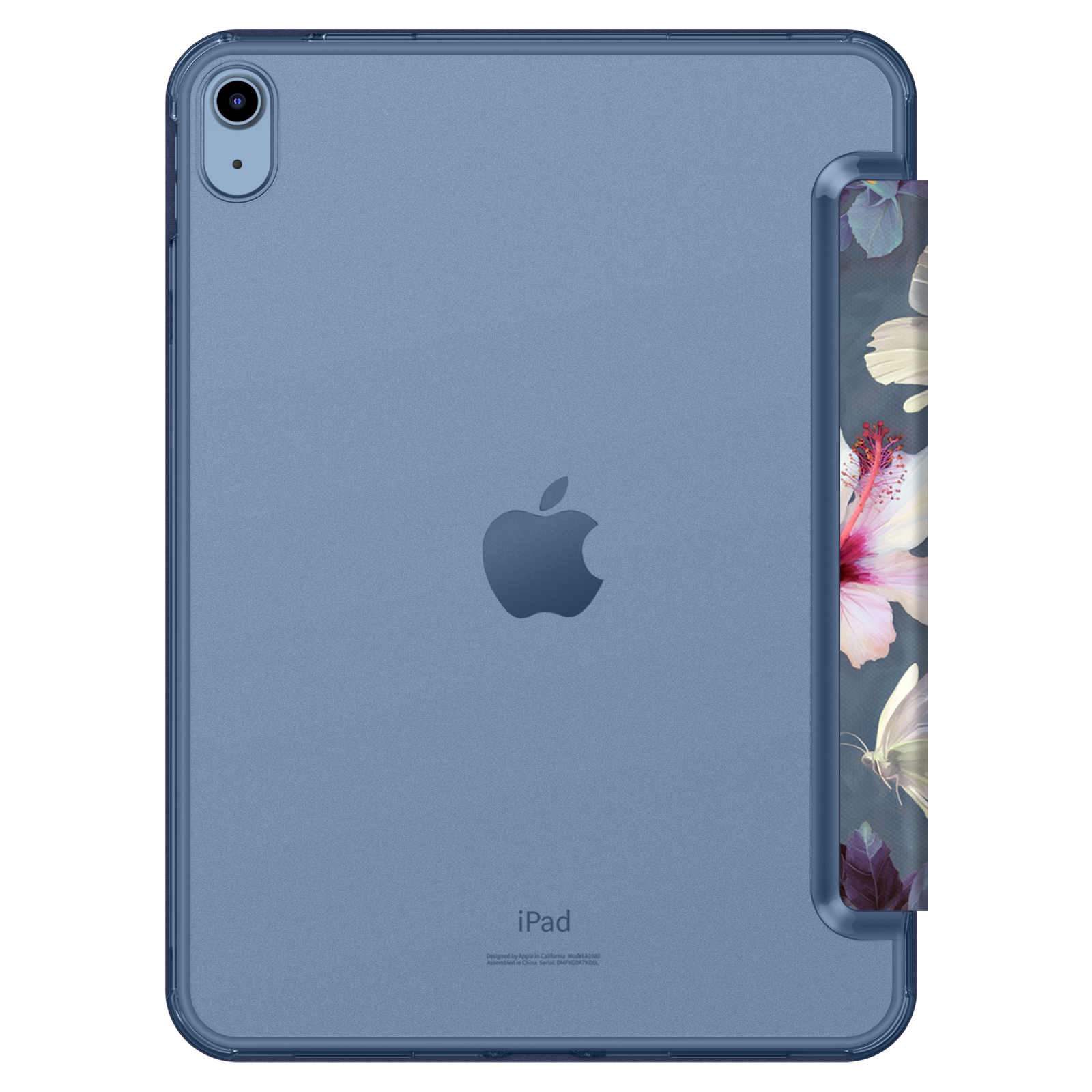 Die Rückseite eines blauen iPads wird gezeigt, das in einer transparenten Schutzhülle untergebracht ist.