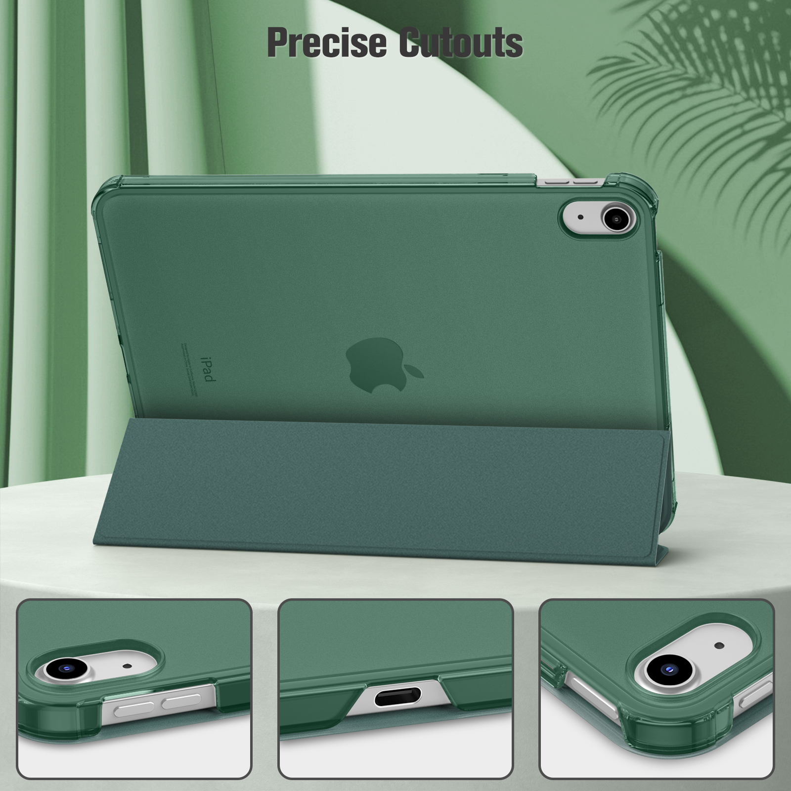 Eine grüne iPad-Hülle mit präzisen Aussparungen für Anschlüsse und Tasten wird gezeigt.