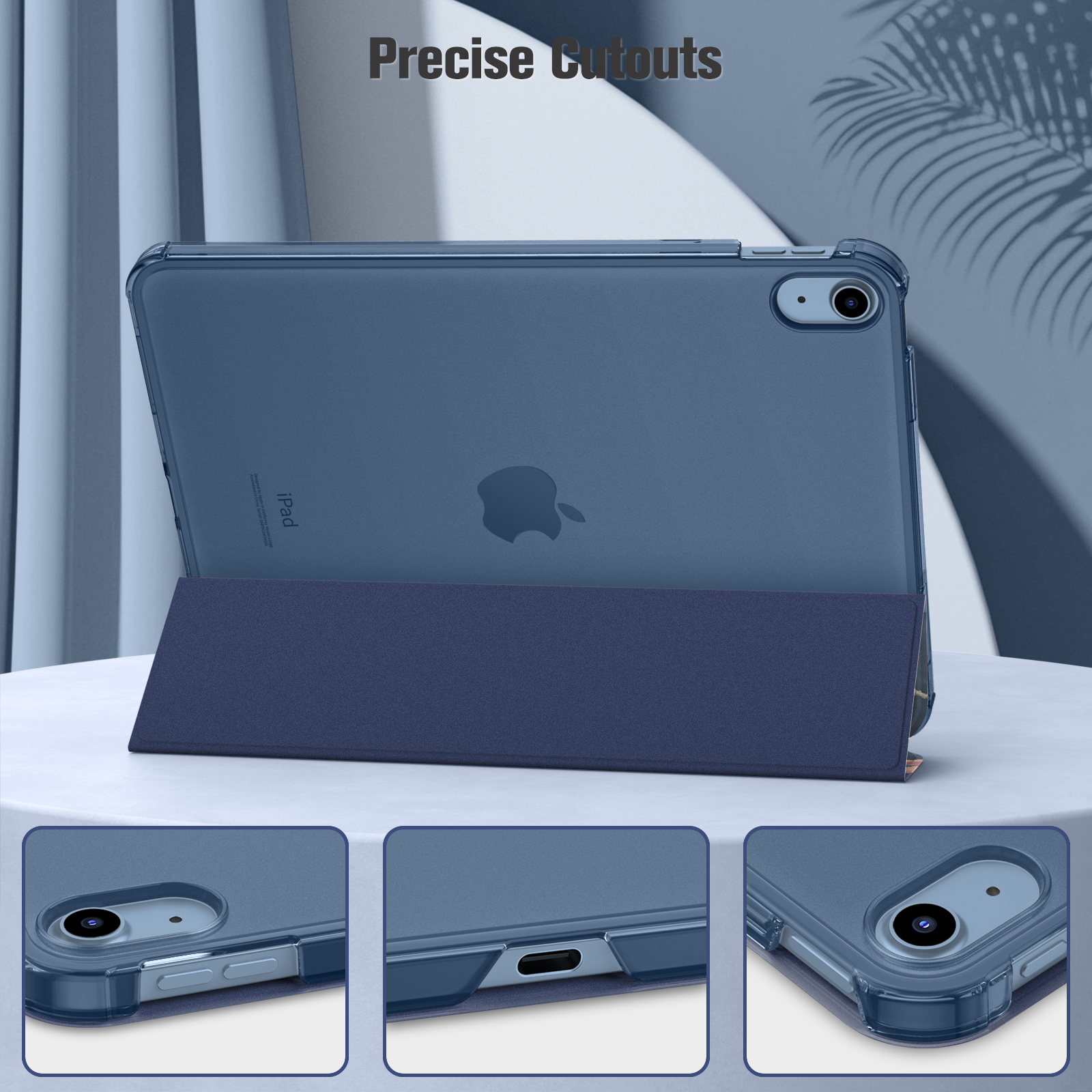 Eine blaue iPad-Hülle mit präzisen Aussparungen für Anschlüsse und Tasten wird gezeigt.
