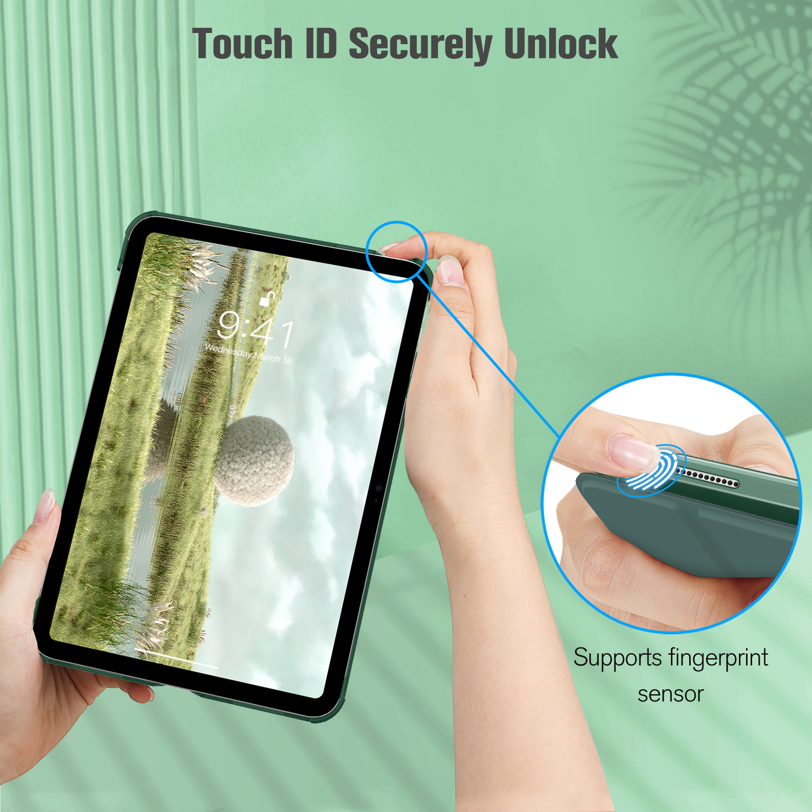 Ein grünes iPad wird gezeigt, bei dem Touch ID das Gerät sicher entsperrt.