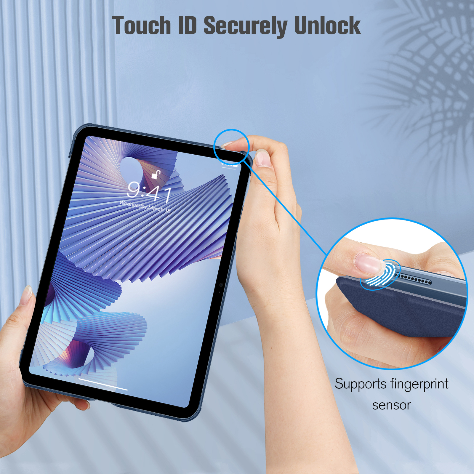 Ein blaues iPad wird gezeigt, bei dem Touch ID das Gerät sicher entsperrt.