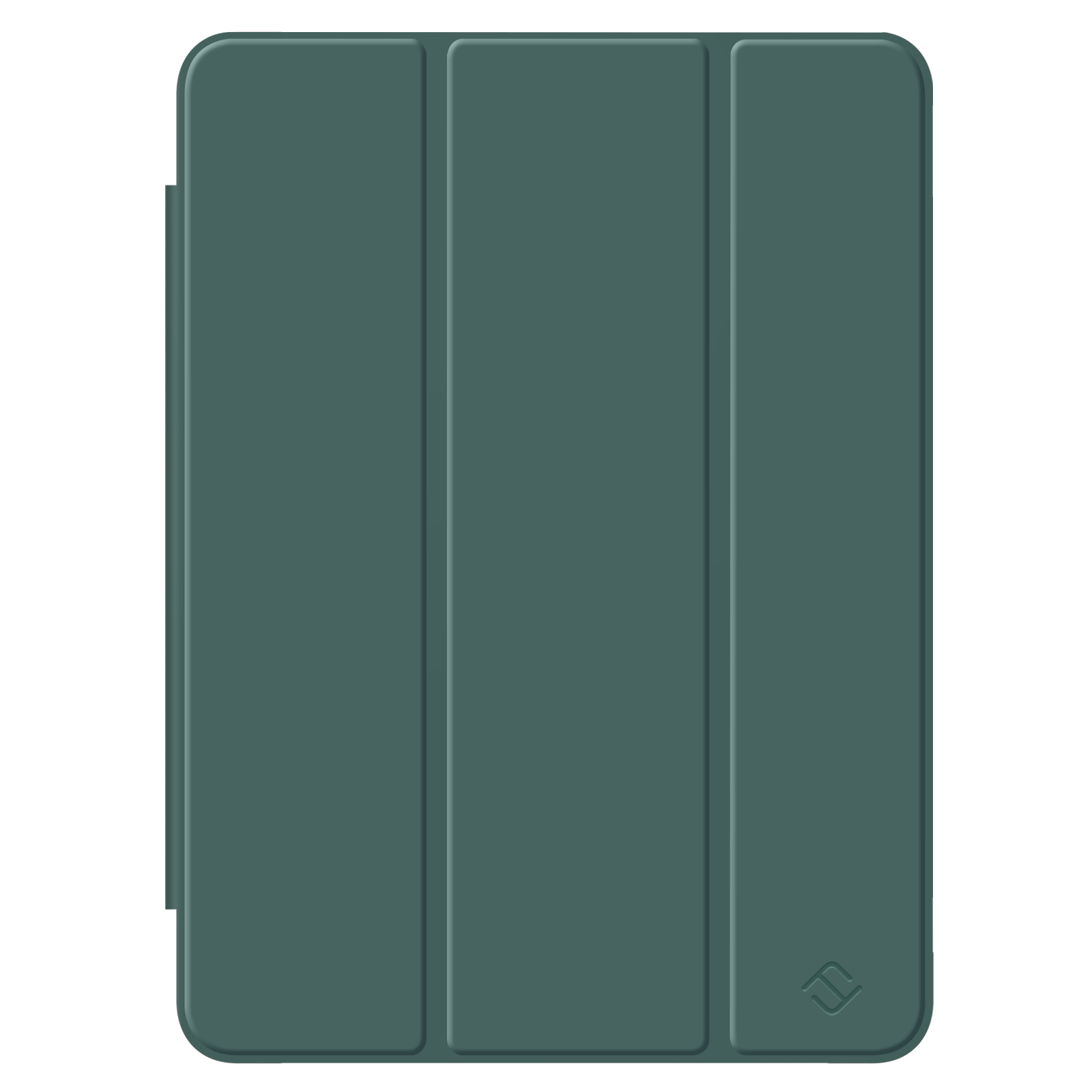 Eine geschlossene grüne iPad-Hülle wird gezeigt, die ein dreifach gefaltetes Design aufweist.