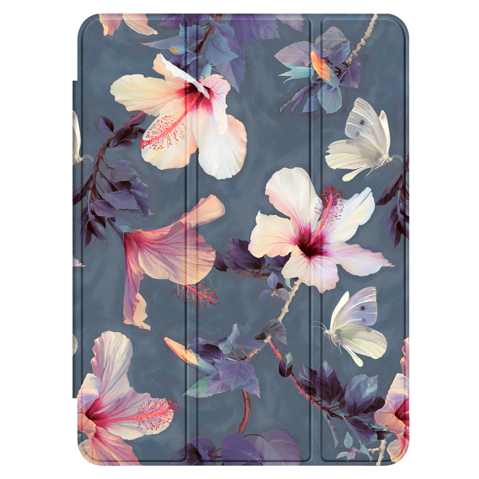 Eine Tablet-Hülle mit einem floralen Design. Sie zeigt rosa und weiße Hibiskusblüten und weiße Schmetterlinge auf grauem Grund.