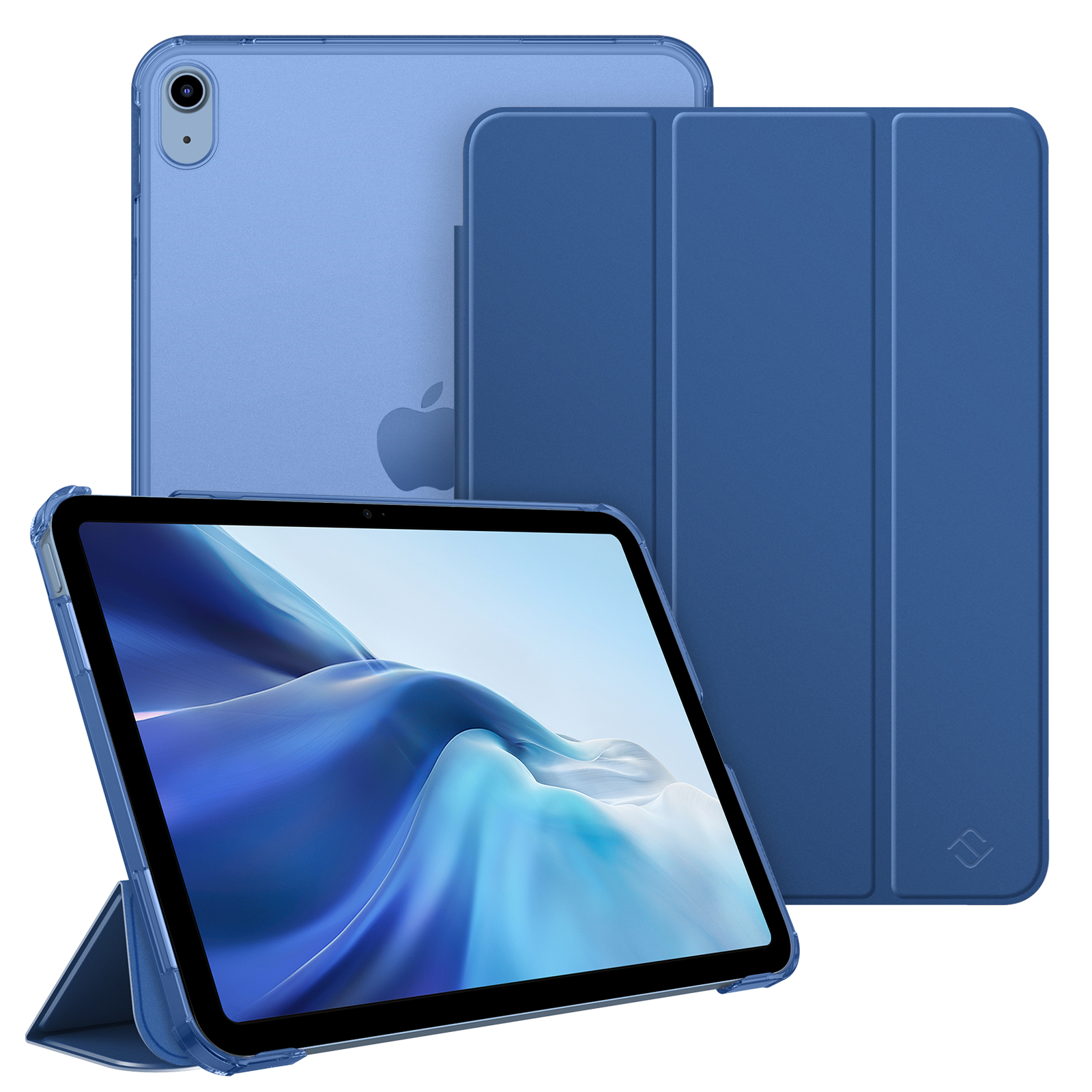Drei blaue iPad-Hüllen: eine zur Schau gestellt, eine als Ständer und eine, die die Rückseite eines iPads bedeckt.