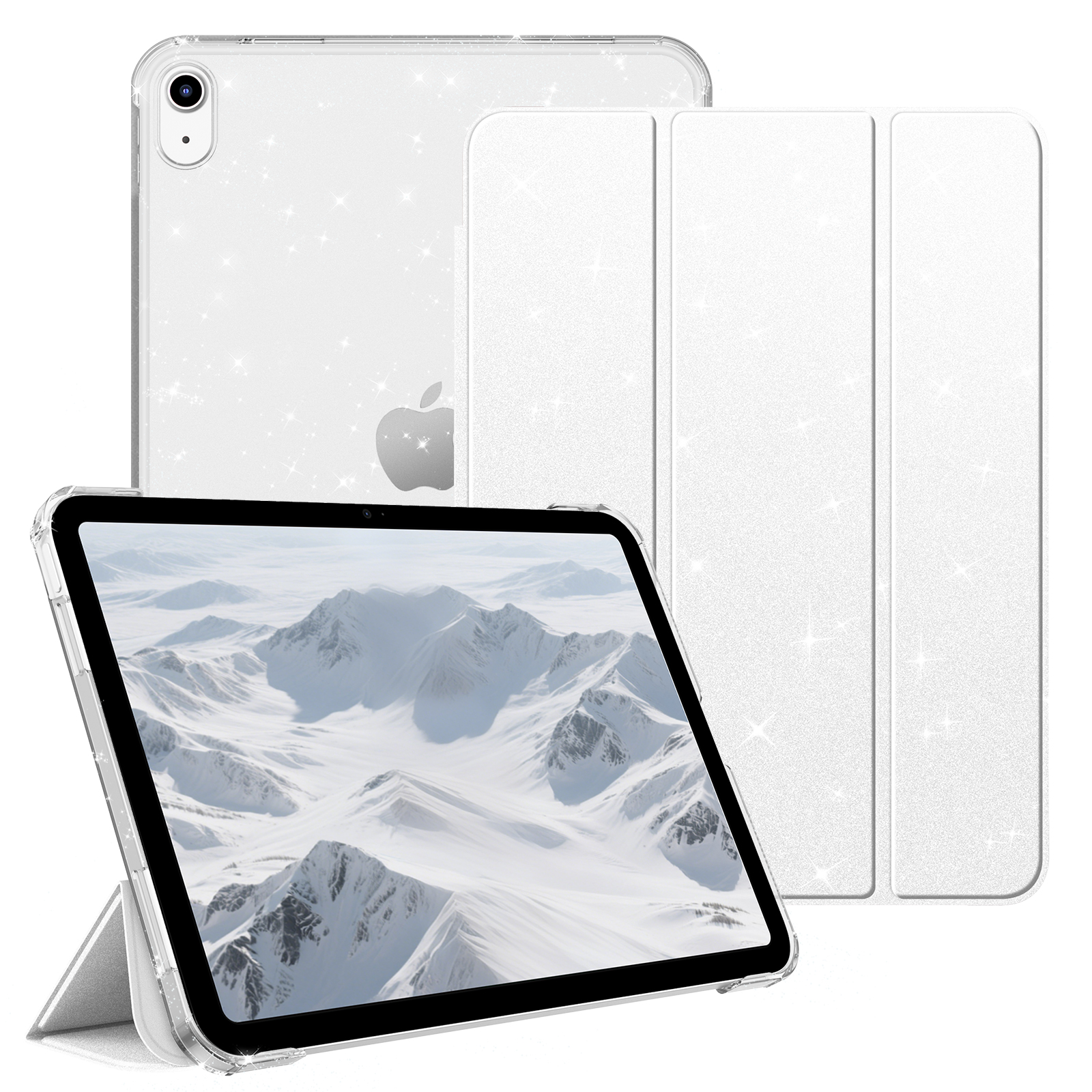 Drei weiße iPad-Hüllen: eine zur Schau gestellt, eine als Ständer und eine, die die Rückseite eines iPads bedeckt.