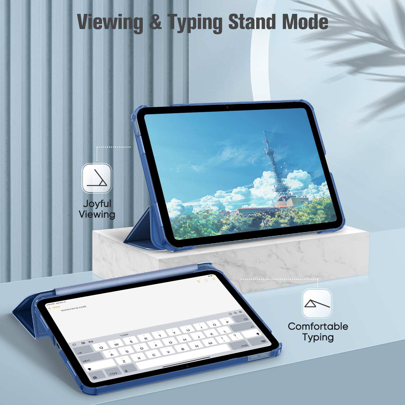 Blaues iPad-Case im Betrachtungs- und Tippständer-Modus, das eine Tastatur und eine malerische Aussicht zeigt.