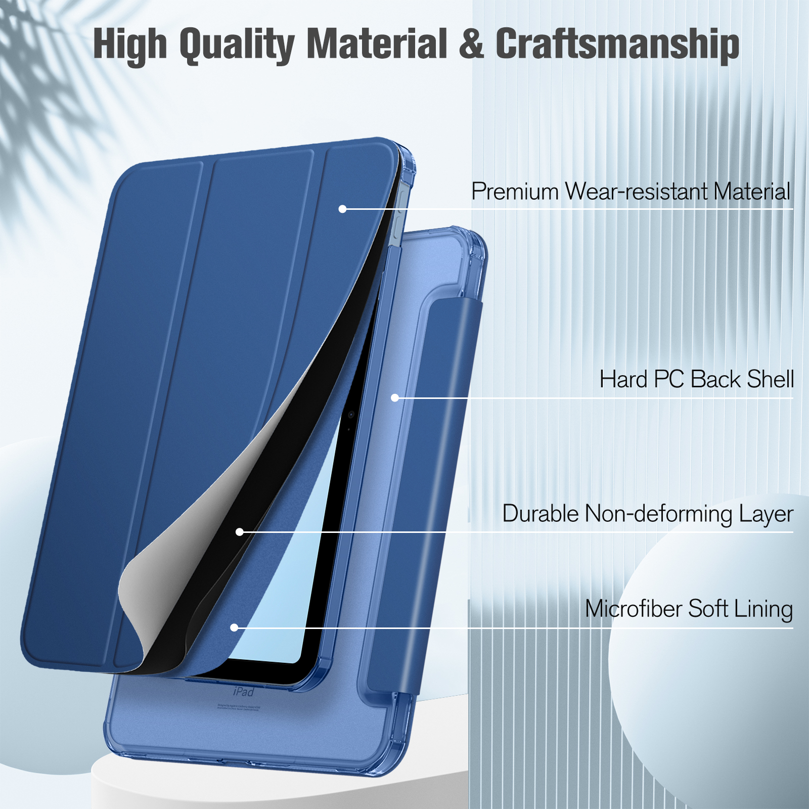 Blaue iPad-Hülle mit hochwertigem, verschleißfestem Material, harter PC-Rückschale und weichem Mikrofaserfutter.