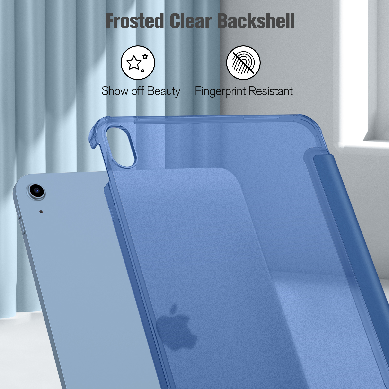 Eine blaue iPad-Hülle mit einer mattierten, klaren Rückseite, die ihre Schönheit und Fingerabdruckbeständigkeit hervorhebt.