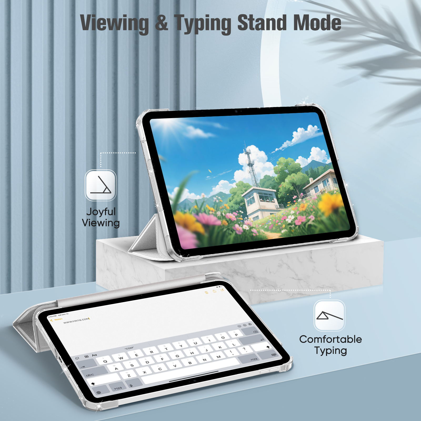 Weißes iPad-Case im Betrachtungs- und Tippständer-Modus, das eine Tastatur und eine malerische Aussicht zeigt.