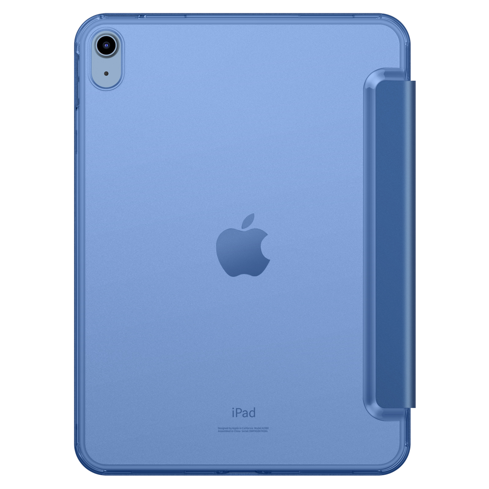 Ein blaues iPad mit einer blauen Hülle, die das Apple-Logo zeigt und die Hülle, die Seitenschutz bietet.