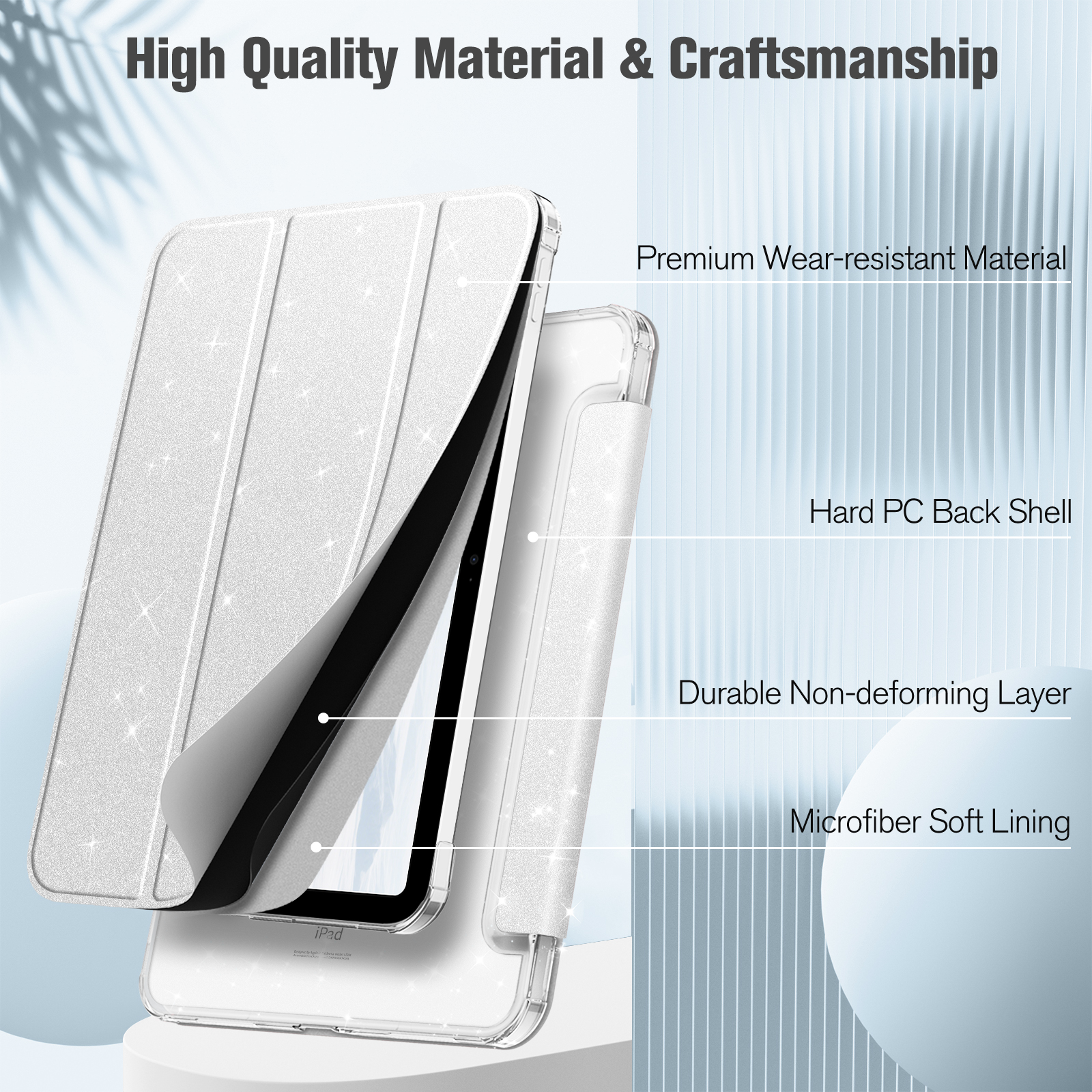 Weiße iPad-Hülle mit hochwertigem, verschleißfestem Material, harter PC-Rückschale und weichem Mikrofaserfutter.