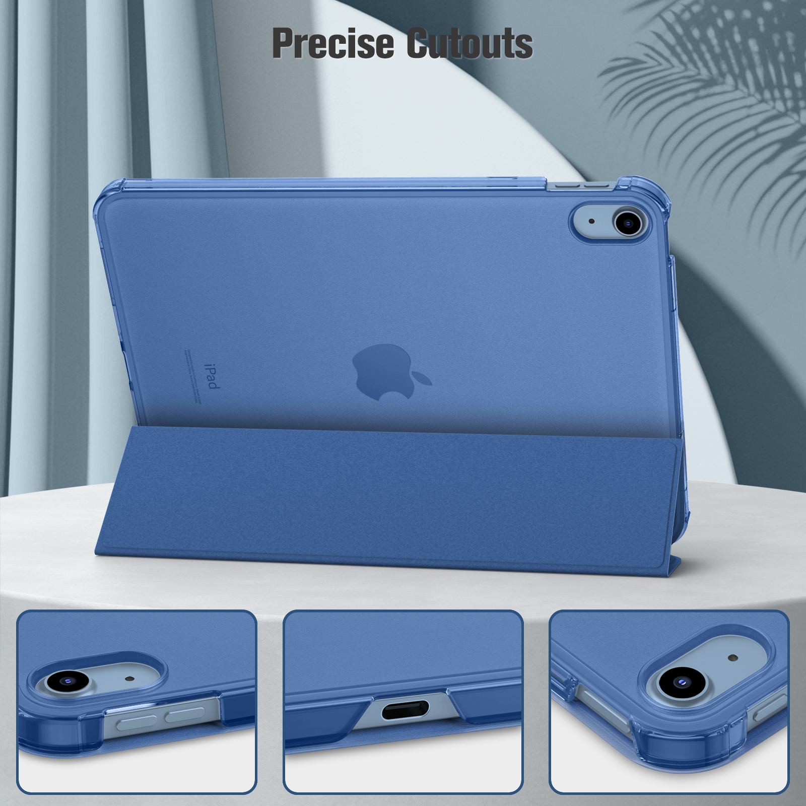 Ein blaues iPad in einer blauen Hülle, die präzise Aussparungen für Tasten, Anschlüsse und die Kamera hervorhebt.