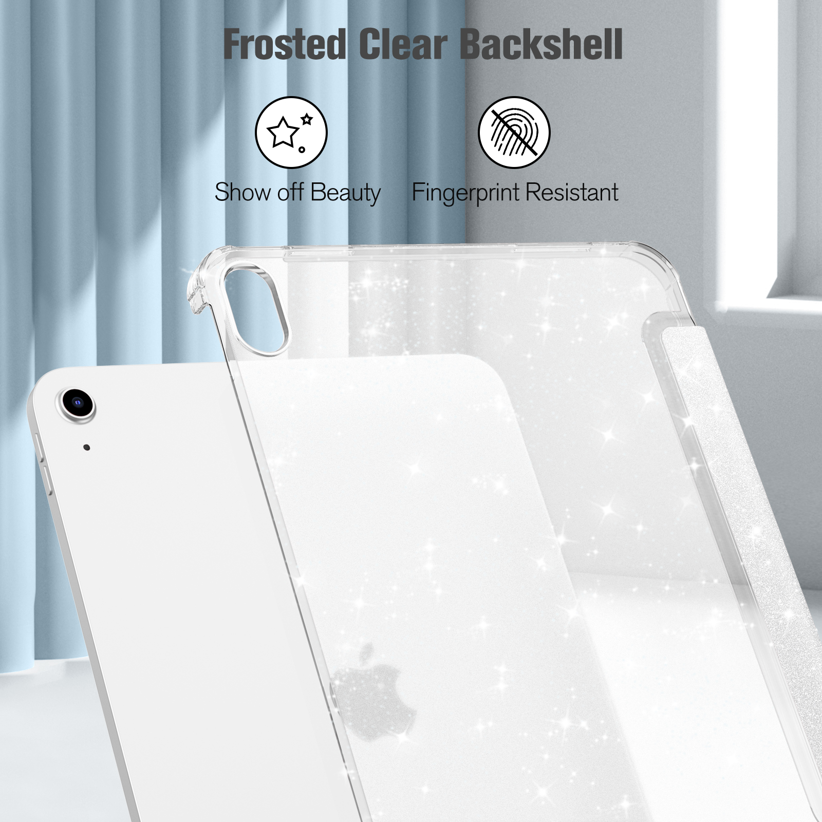 Transparente iPad-Hülle mit Glitzer. Das iPad ist weiß und die Hülle ist glitzernd. Der Hintergrund ist ein sanftes Blau.