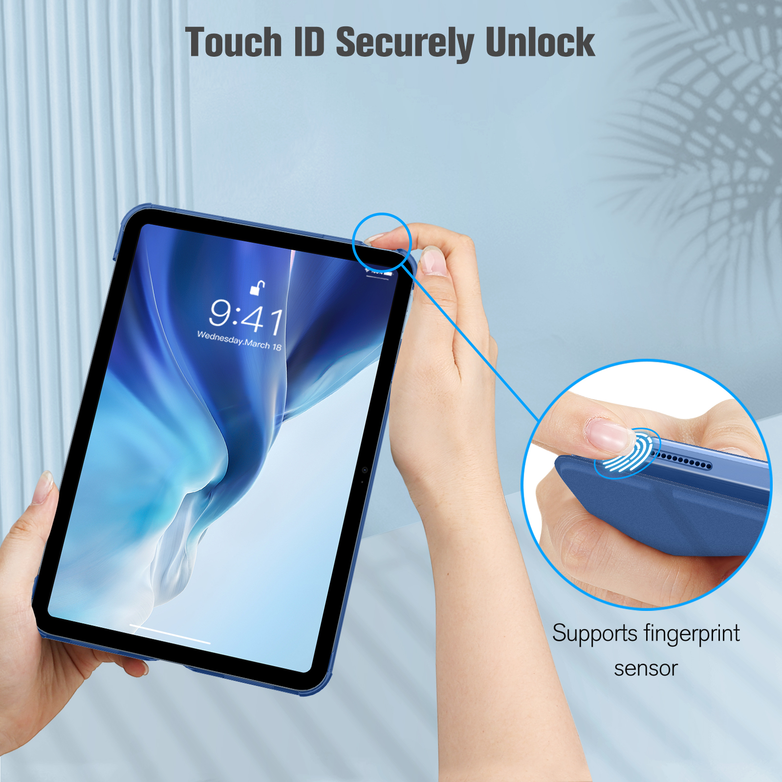 Hände halten ein blaues iPad. Der Bildschirm zeigt die Uhrzeit 9:41 an. Ein Fingerabdrucksensor ist an der Seite zu sehen.