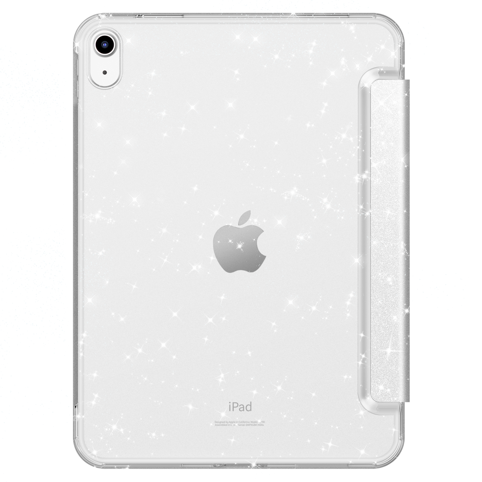 Ein iPad mit einer klaren, glitzernden Hülle, die das Apple-Logo zeigt. Der Hintergrund ist weiß.