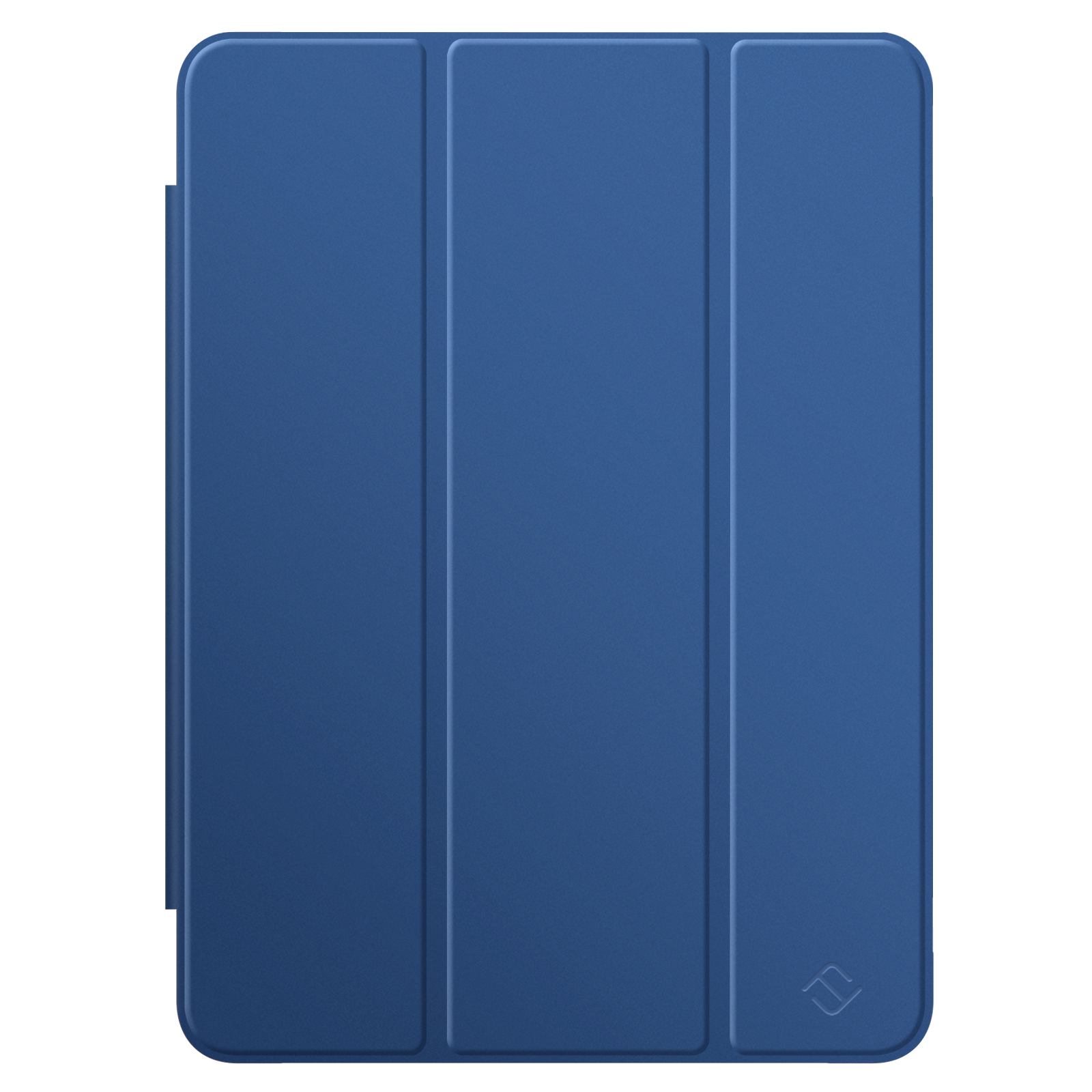 Eine geschlossene, dunkelblaue iPad-Hülle. Die Hülle besteht aus drei Teilen und hat ein kleines Logo in der unteren rechten Ecke.
