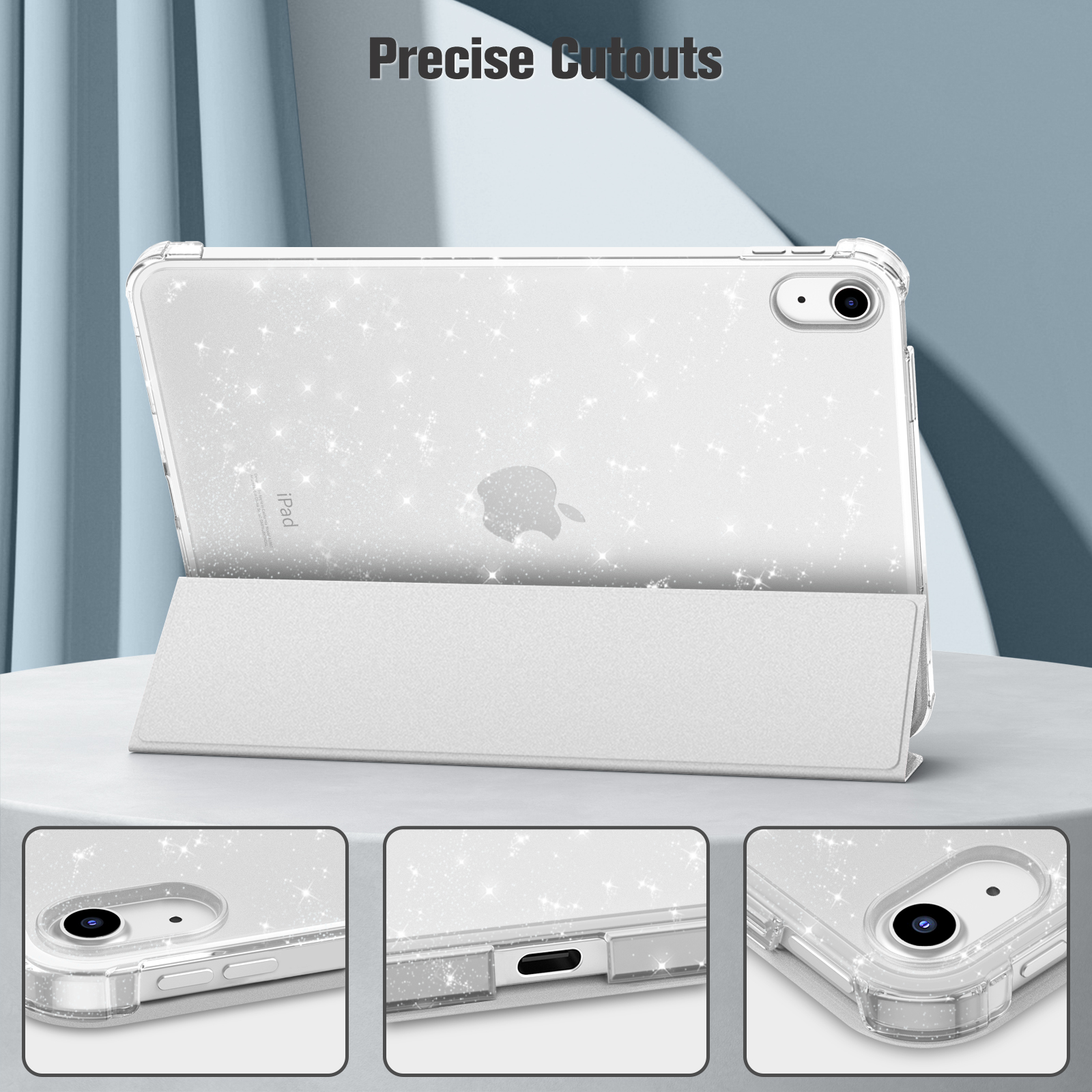 Glitzerndes iPad in einer transparenten Hülle mit einer faltbaren weißen Abdeckung. Drei Nahaufnahmen zeigen präzise Aussparungen.