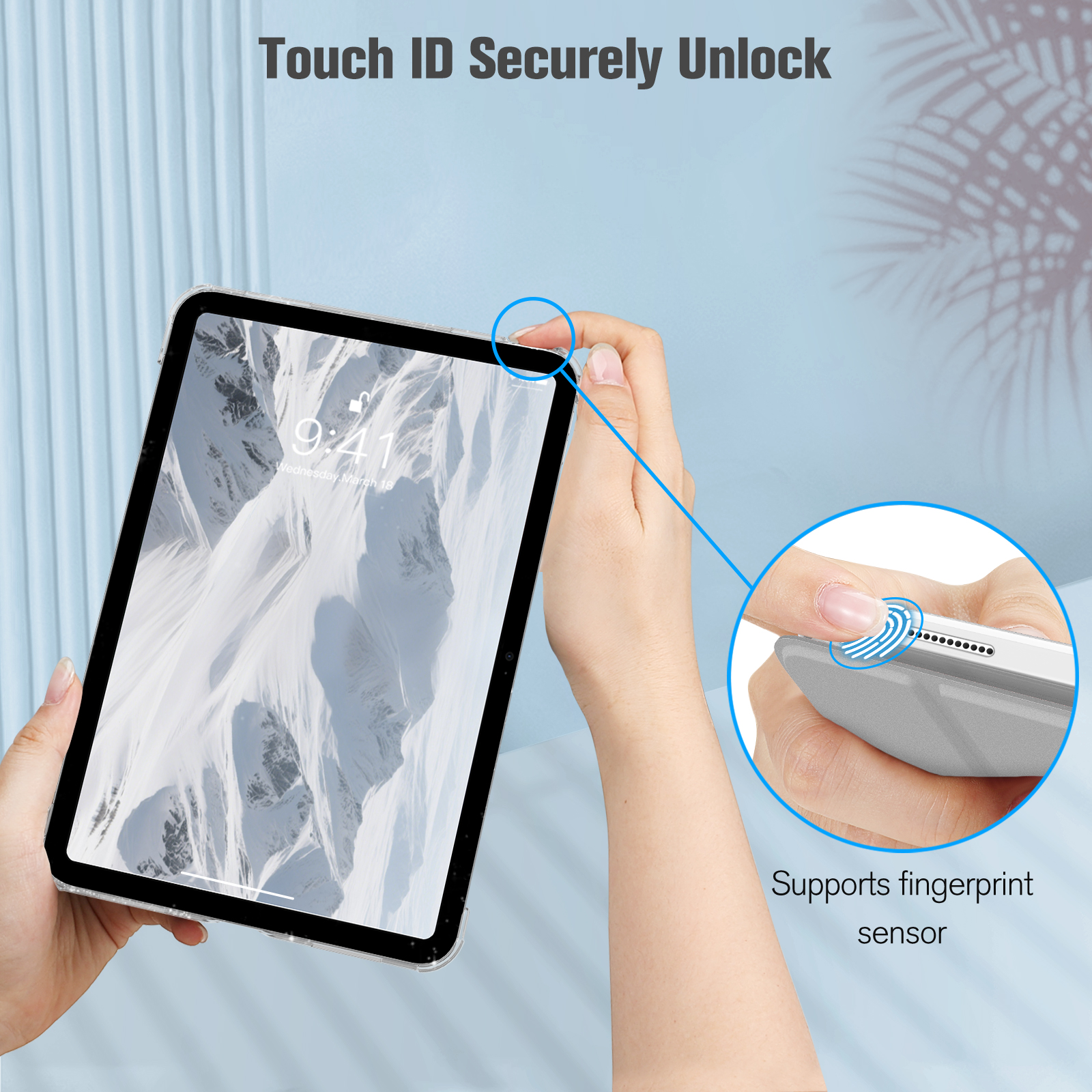 Hände halten ein graues iPad. Der Bildschirm zeigt die Uhrzeit 9:41 an. Ein Fingerabdrucksensor ist an der Seite zu sehen.