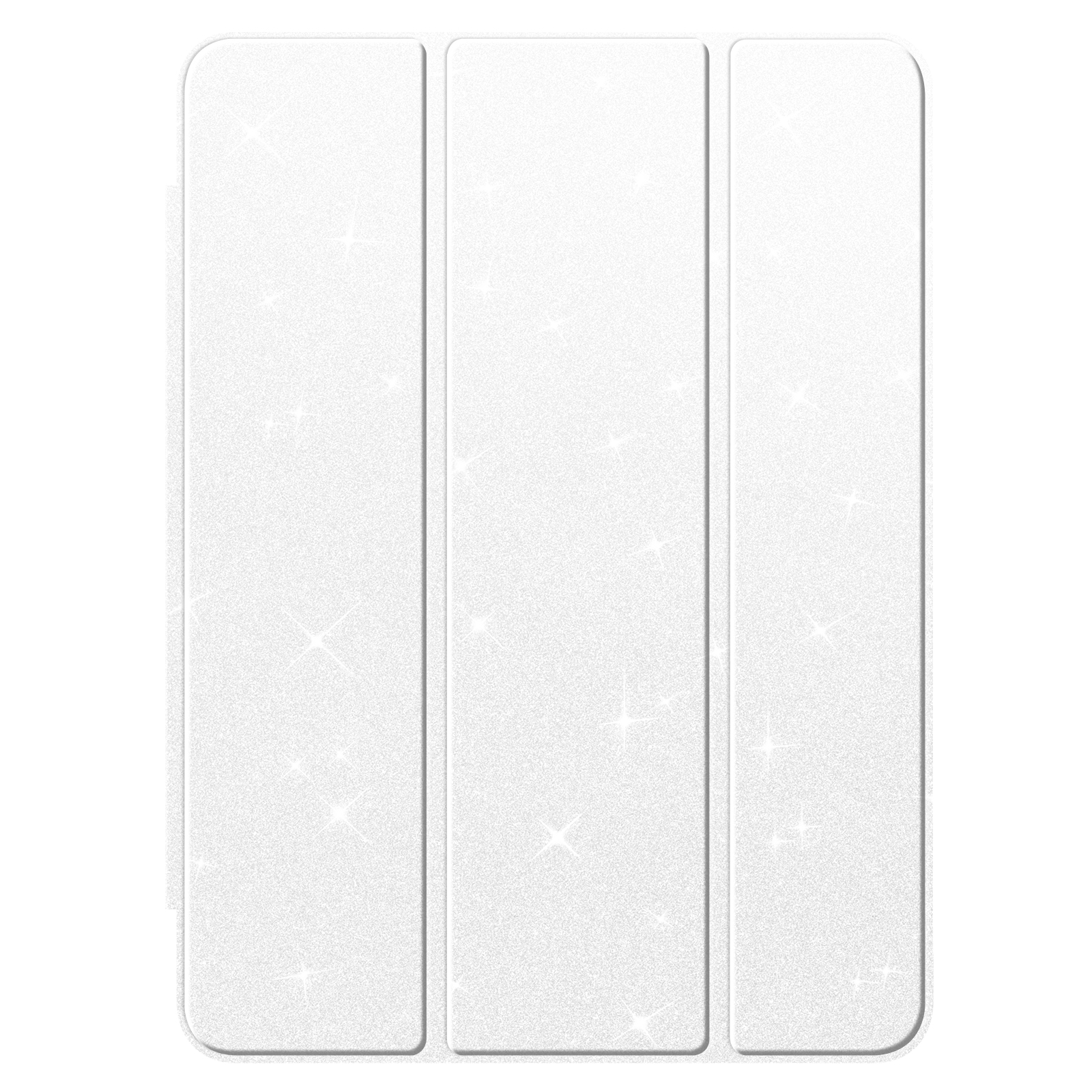 Eine geschlossene, weiße iPad-Hülle mit Glitzer. Die Hülle besteht aus drei Teilen und ist einfarbig weiß.