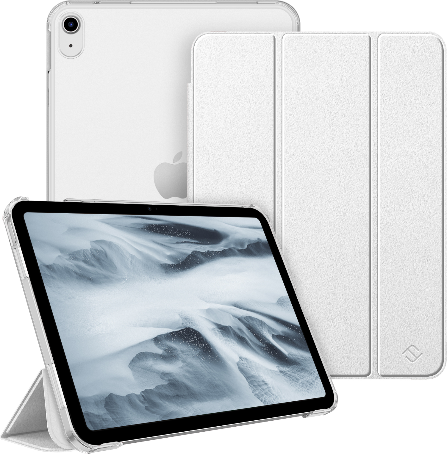 Eine durchsichtige iPad-Hülle mit einer weißen Klappabdeckung, die vor einem weißen Hintergrund angezeigt wird.
