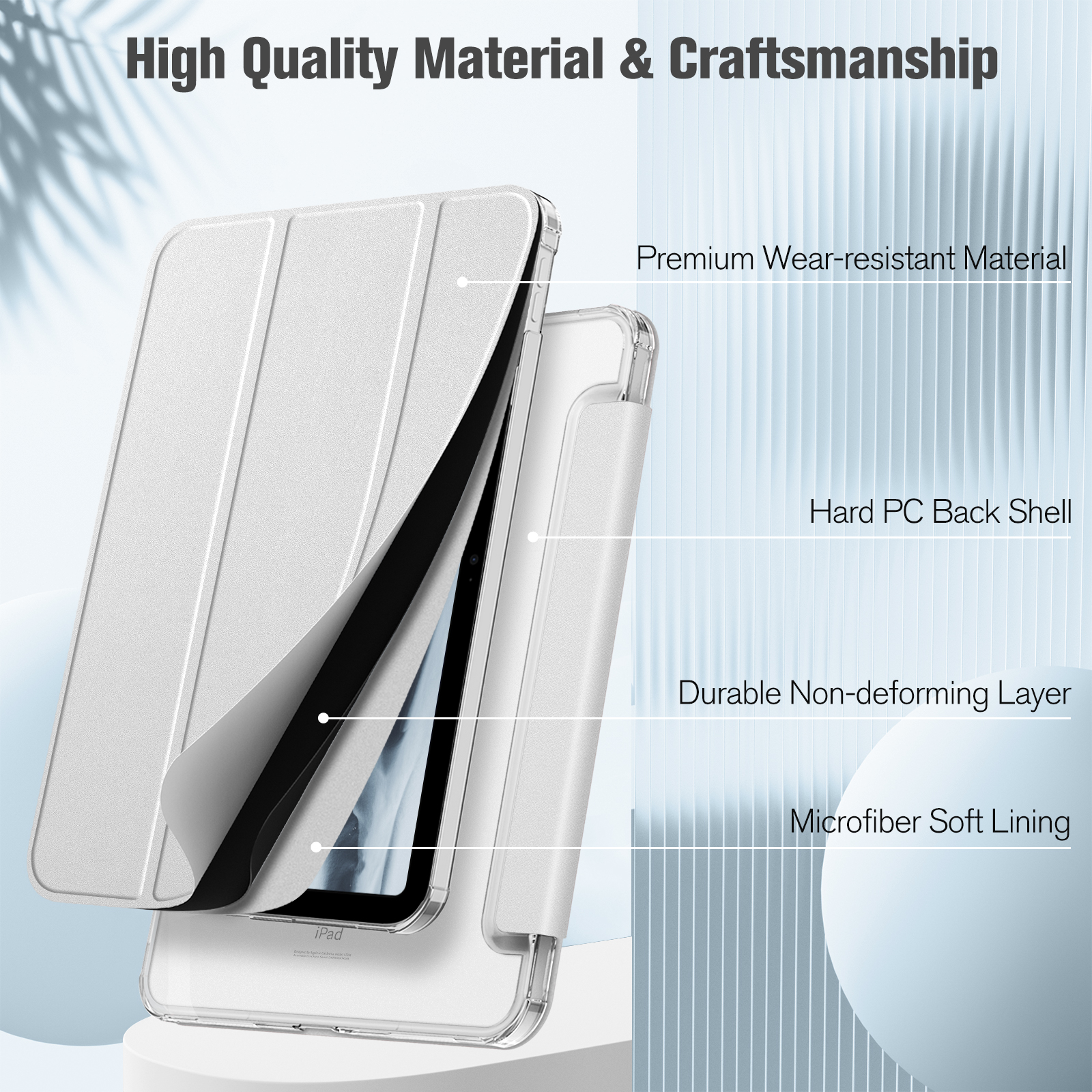 Weiße iPad-Hülle, die ihre Material- und Verarbeitungsdetails hervorhebt, gezeigt auf einem weißen Sockel.