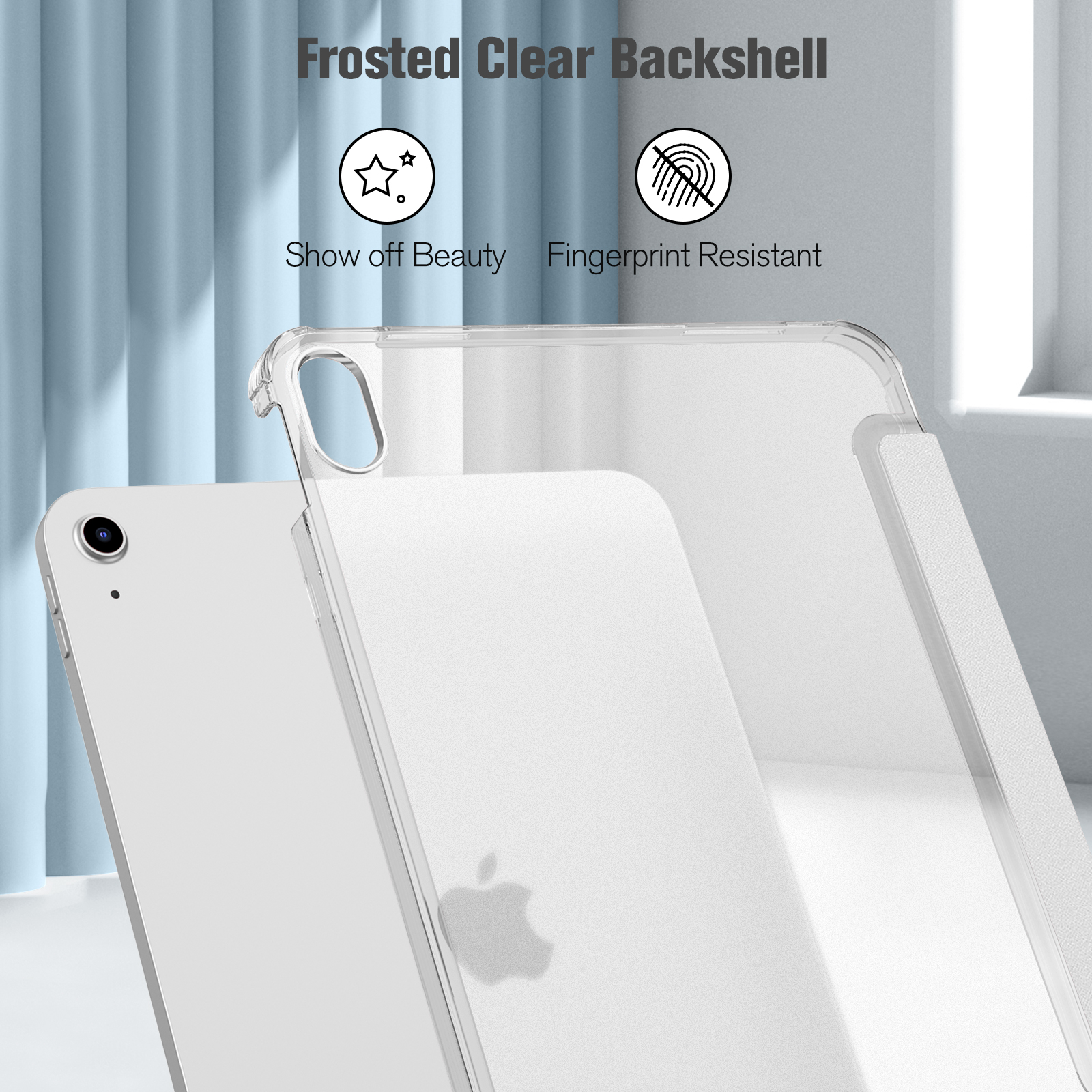 Durchsichtige iPad-Hülle, die das Apple-Logo zeigt. Die Hülle ist resistent gegen Fingerabdrücke.