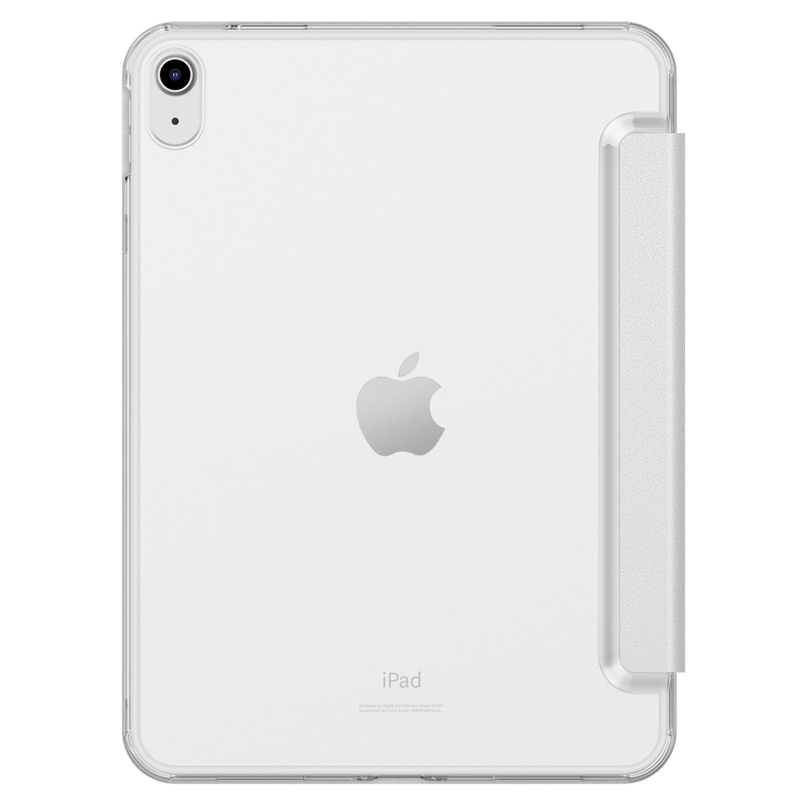 Durchsichtige iPad-Hülle, die das Apple-Logo zeigt. Die Hülle hat präzise Ausschnitte und ein tragbares Design.
