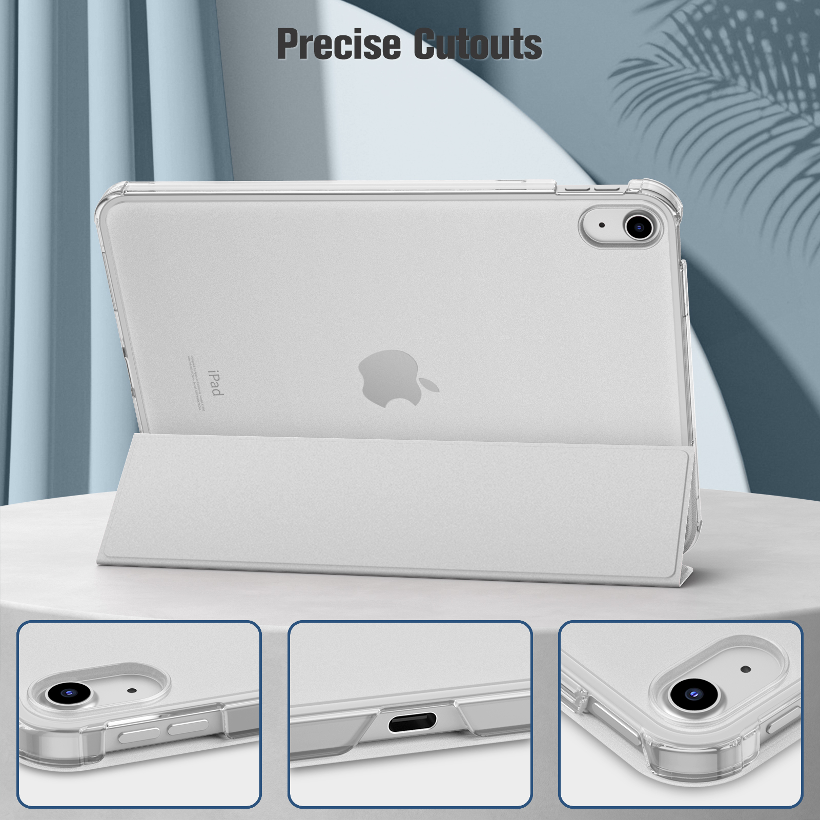 Durchsichtige iPad-Hülle mit präzisen Ausschnitten, die entwickelt wurde, um die Funktionen und das Design des iPads hervorzuheben.