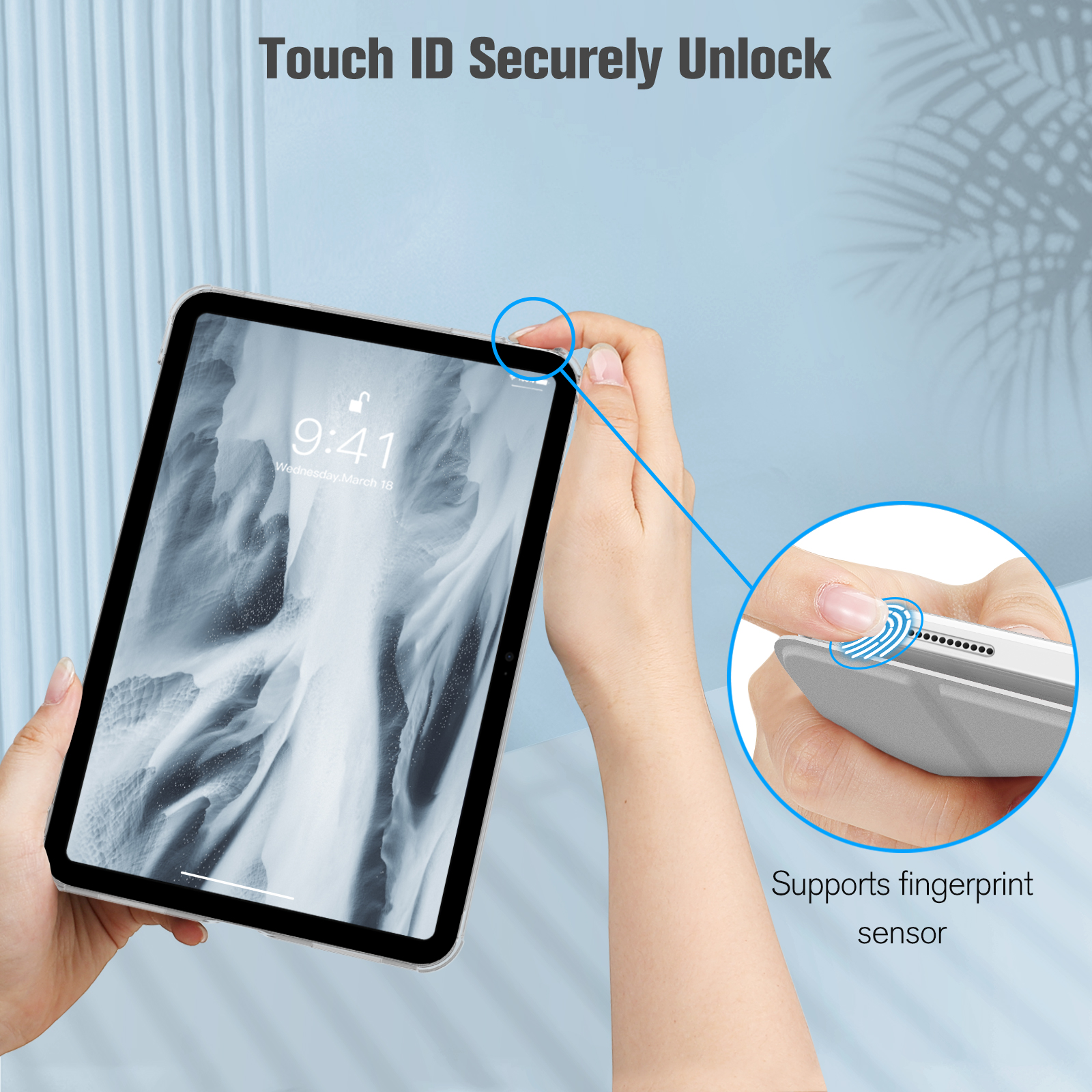 Hände, die ein iPad mit Touch ID halten und die sichere Entsperrung und die Unterstützung des Fingerabdrucksensors demonstrieren.
