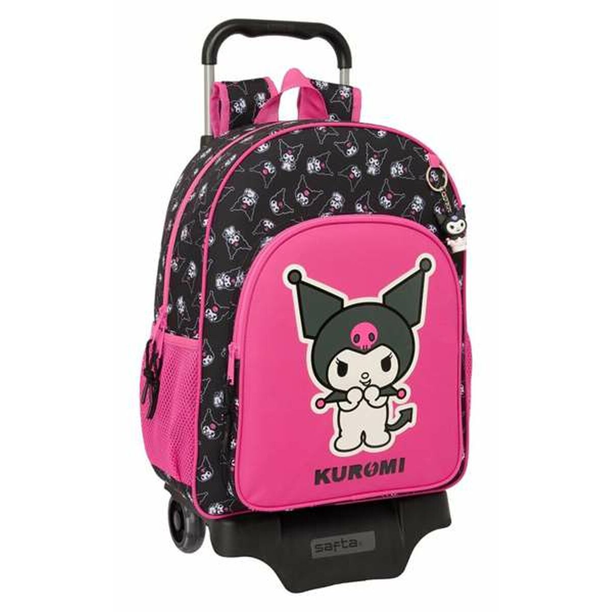 Rosa-schwarzer Rollrucksack mit Kuromi-Figur und Safta-Logo.