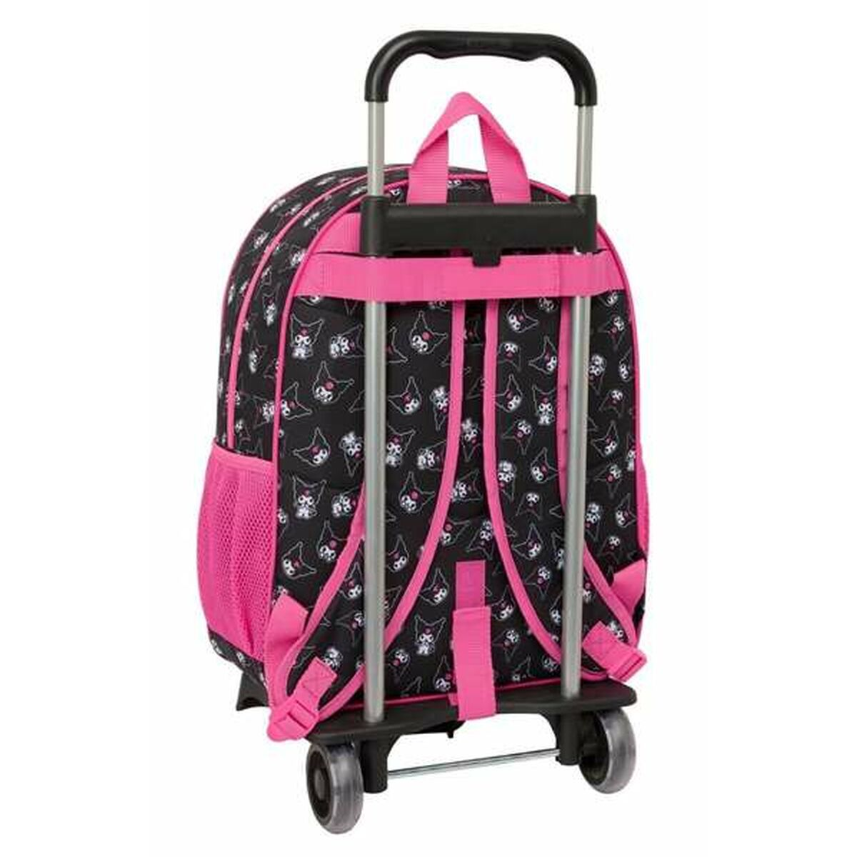 Rückansicht eines rosa-schwarzen Rollrucksacks mit Kuromi-Muster und Safta-Logo.