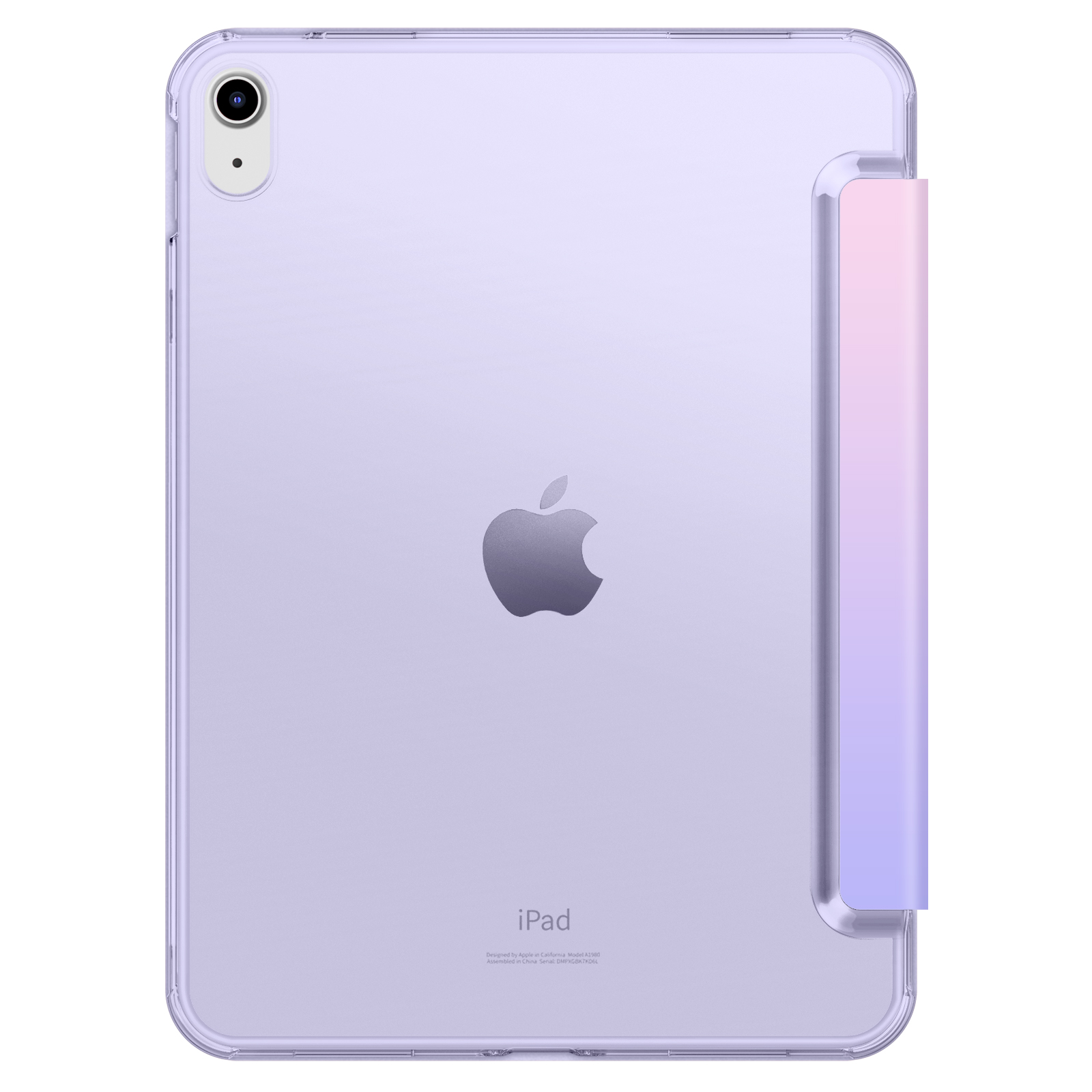 Ein lila iPad in einer durchsichtigen Hülle mit einer Farbverlaufsabdeckung, das sein Design zeigt.