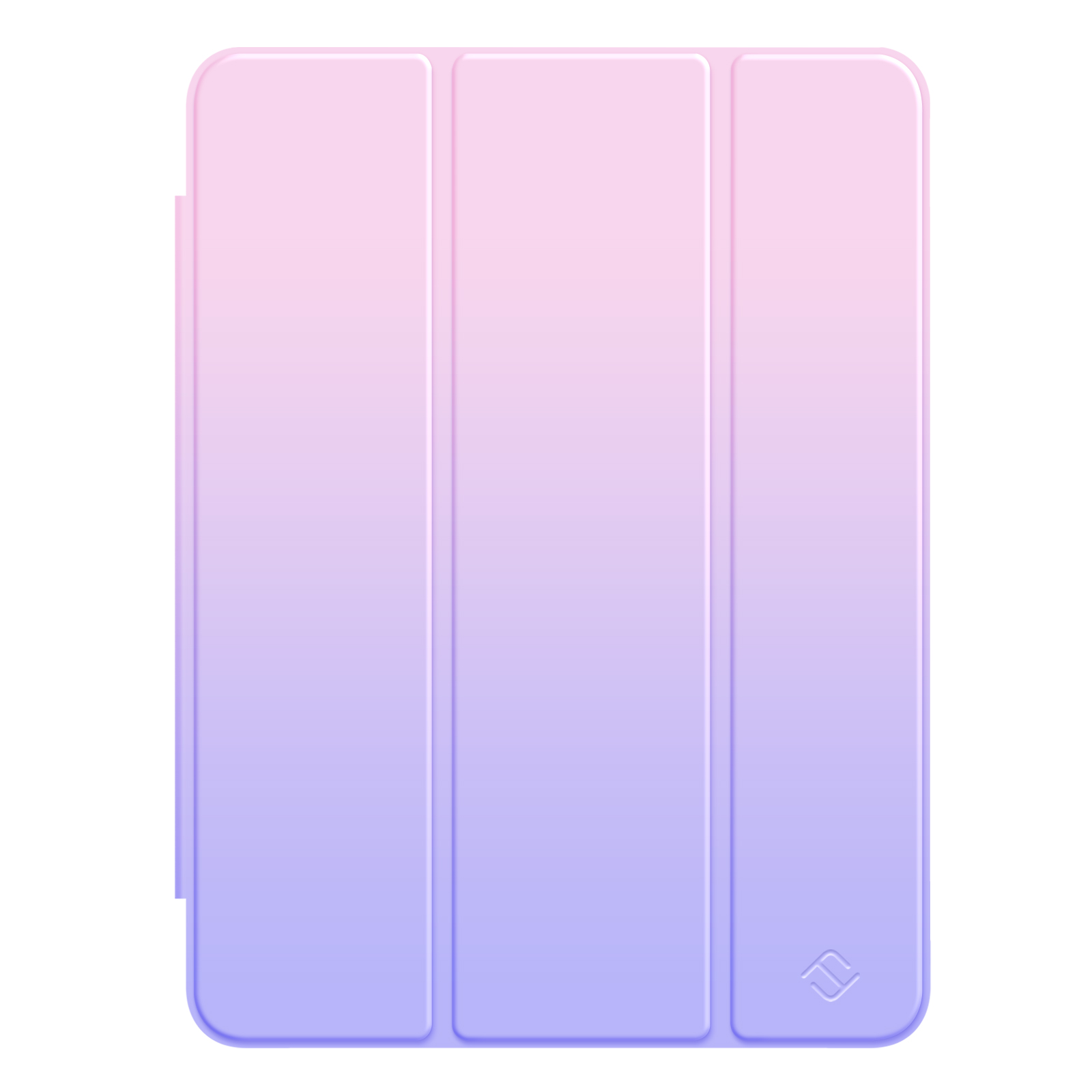 Eine lila Farbverlaufs-iPad-Hülle mit einem dreifach gefalteten Design auf weißem Hintergrund.