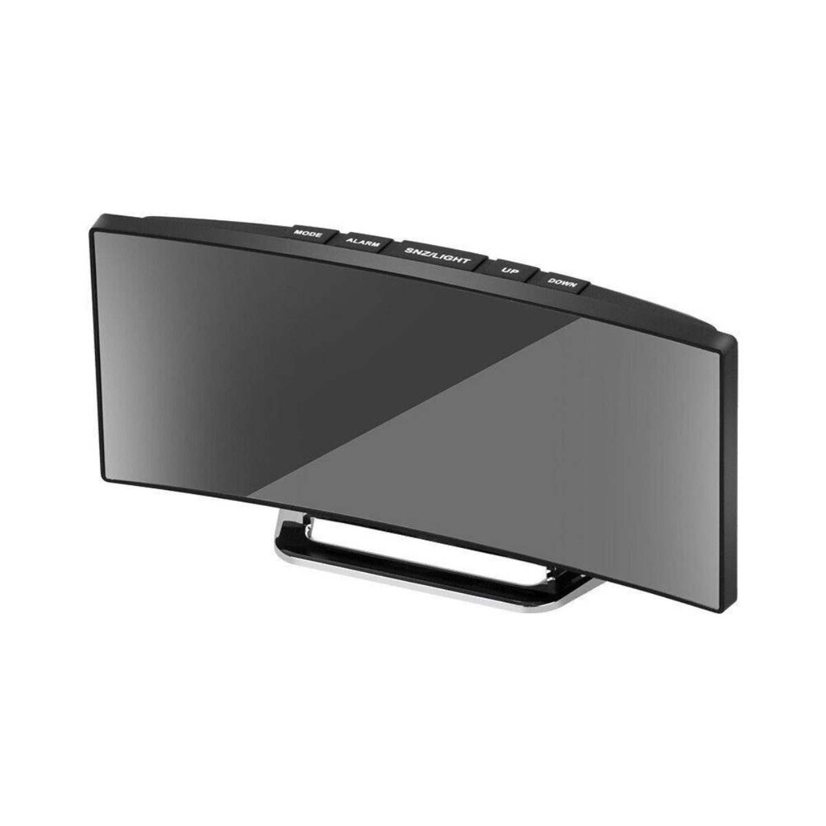 Eine elegante, gebogene schwarze Digitalwecker mit Funktionstasten oben wird auf einem weißen Hintergrund angezeigt.