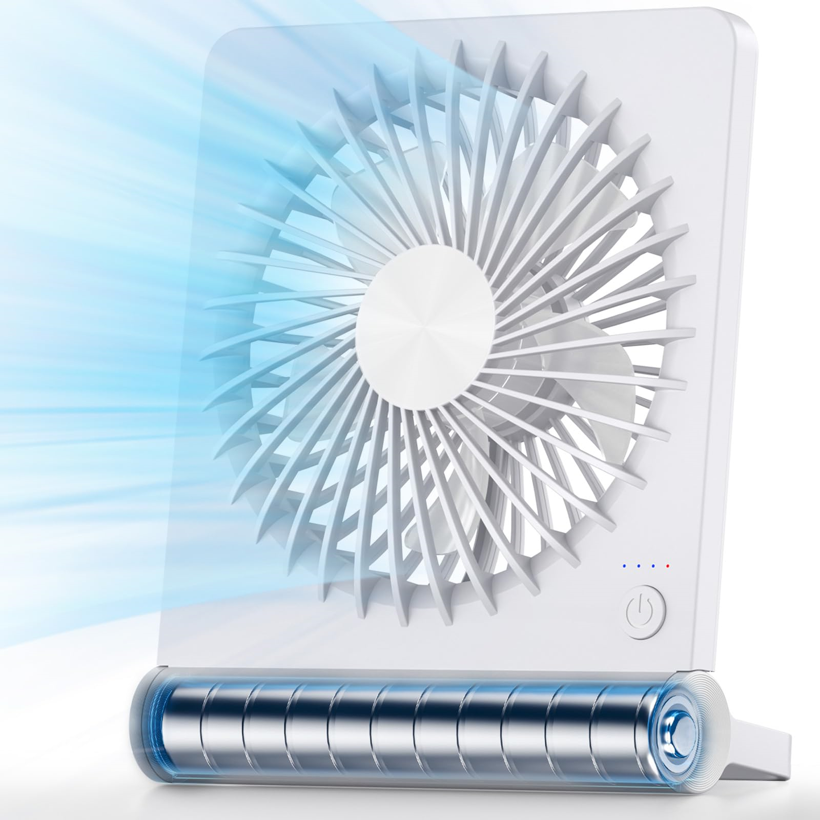 Ein kleiner, weißer, tragbarer Ventilator mit sichtbaren Flügeln und einem blauen Lichteffekt, der den Luftstrom anzeigt.