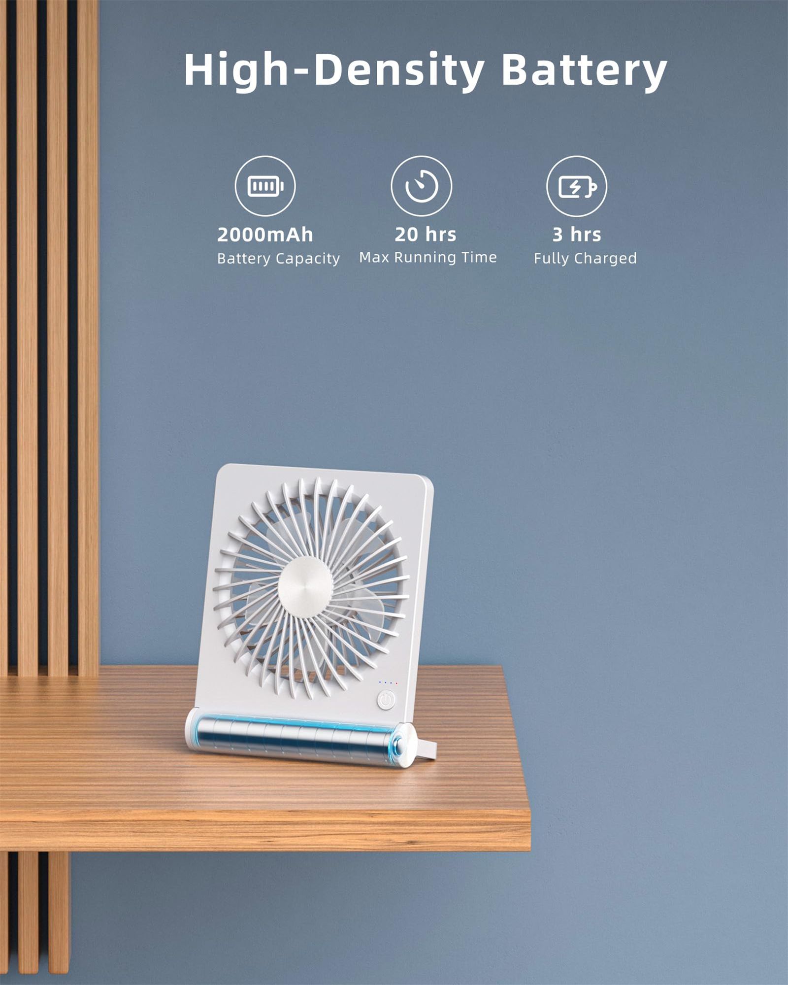 Ein kleiner weißer Ventilator steht auf einem Holzregal vor einer blauen Wand mit Batterieinformationen darüber.